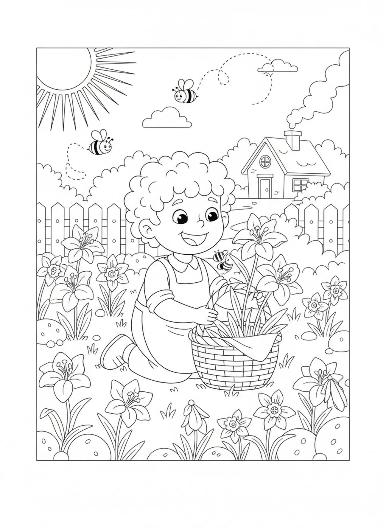 Child arranging flowers, Easter Lily coloring page for kids age 5-10
