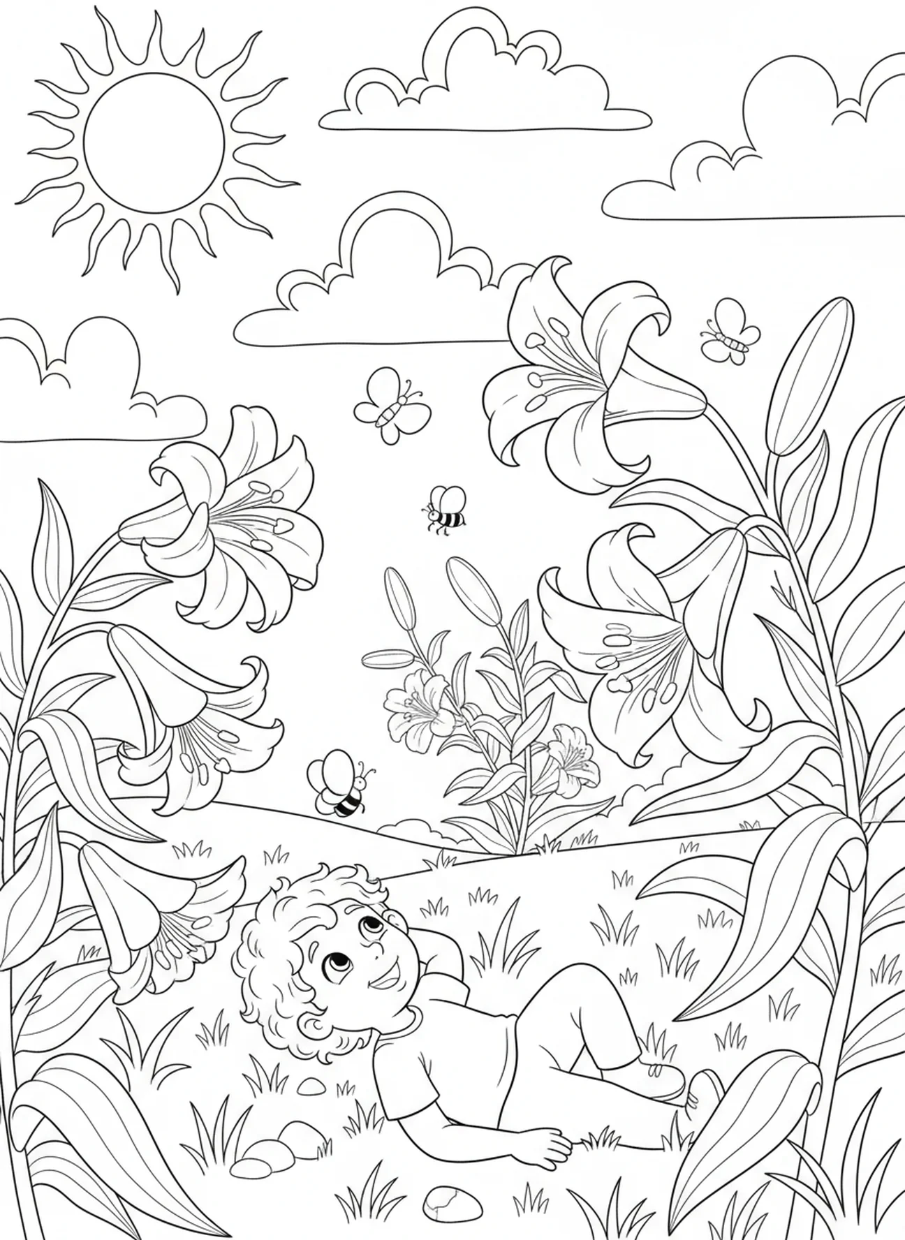 Child lying in grass, Easter Lily coloring page for kids age 5-10