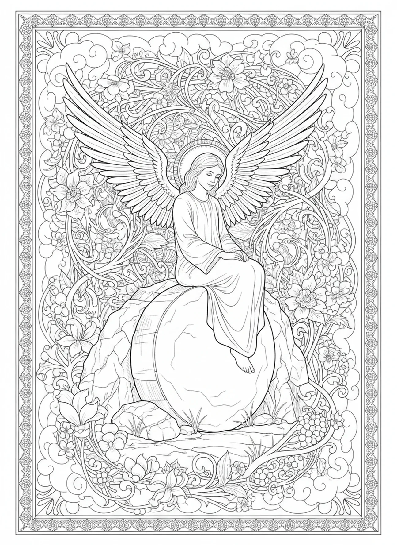 Engel auf dem Stein, Ausmalbild vom leeren Grab im Stil des Bibel-Journalings für Erwachsene