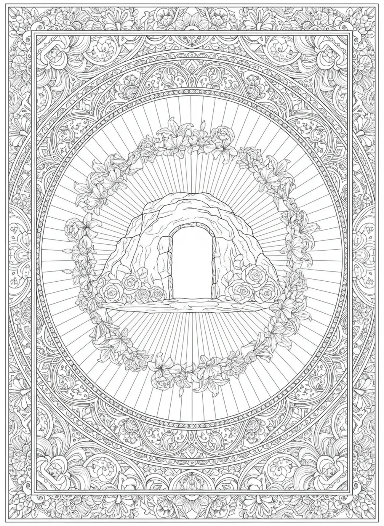 Strahlendes Licht am Grab, Ausmalbild vom leeren Grab für Erwachsene im Bibel-Journaling-Stil