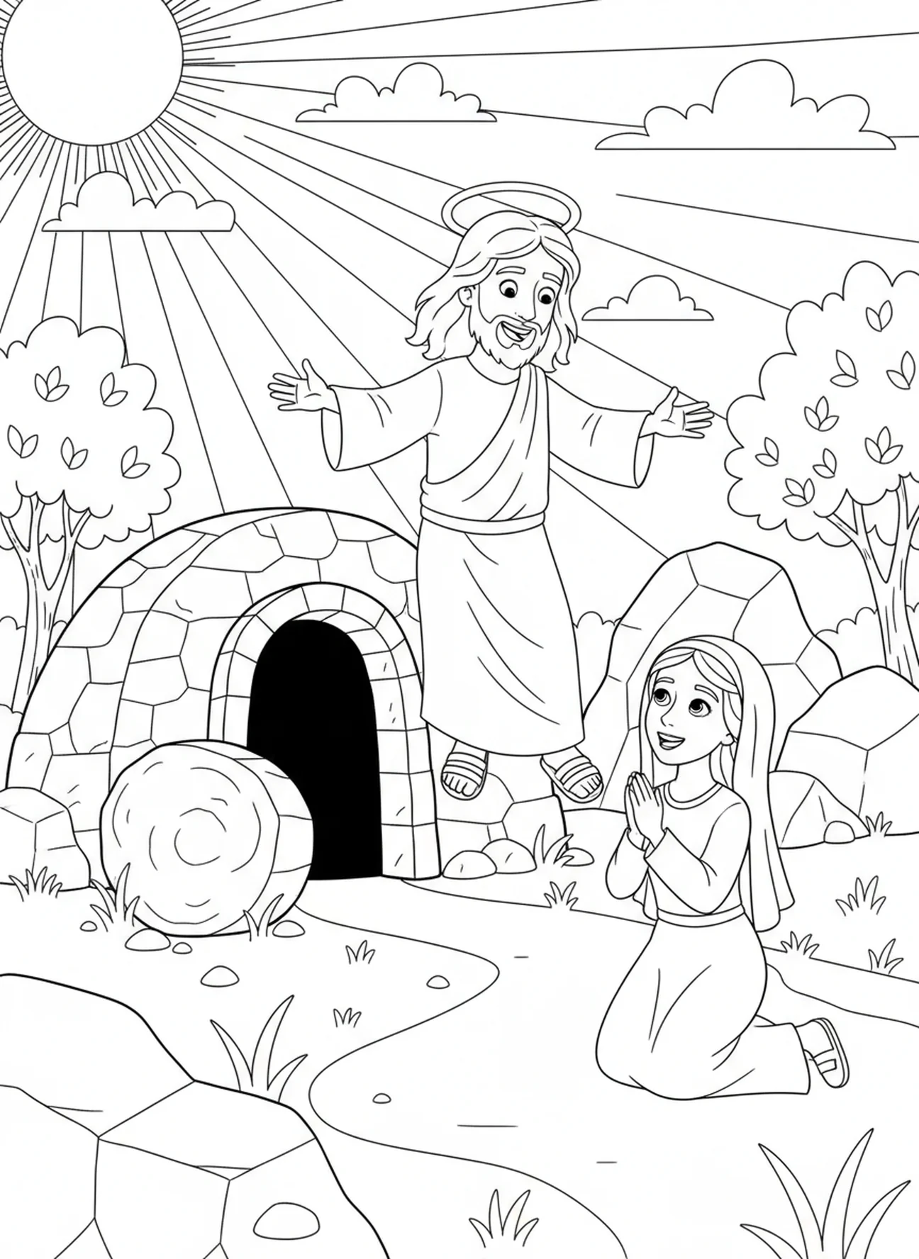 Jesus begrüßt die Frau, Ausmalbild vom leeren Grab für Kinder im Alter von 5-10 Jahren