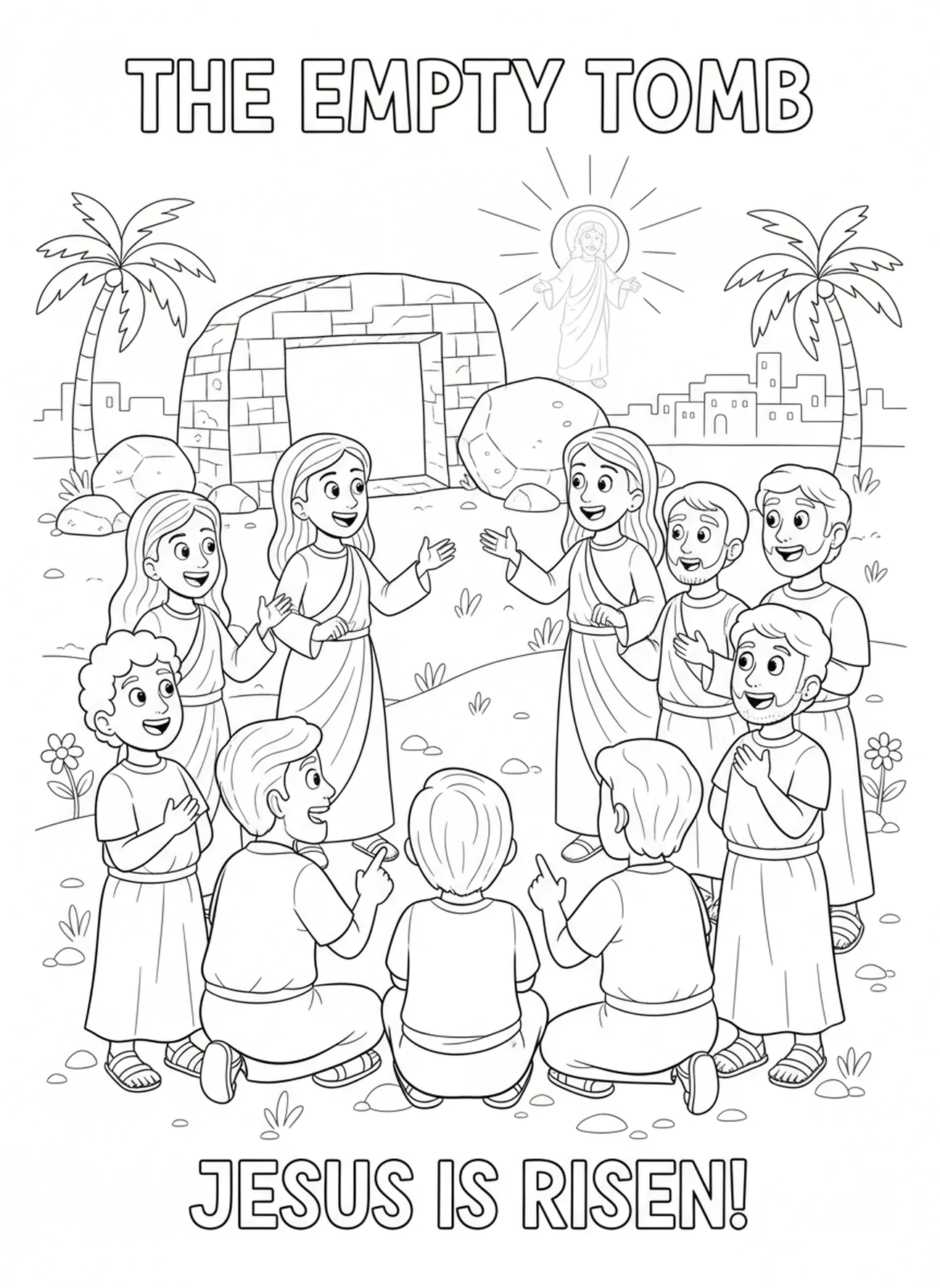 Frauen erzählen den Jüngern, Ausmalbild vom leeren Grab für Kinder im Alter von 5-10 Jahren