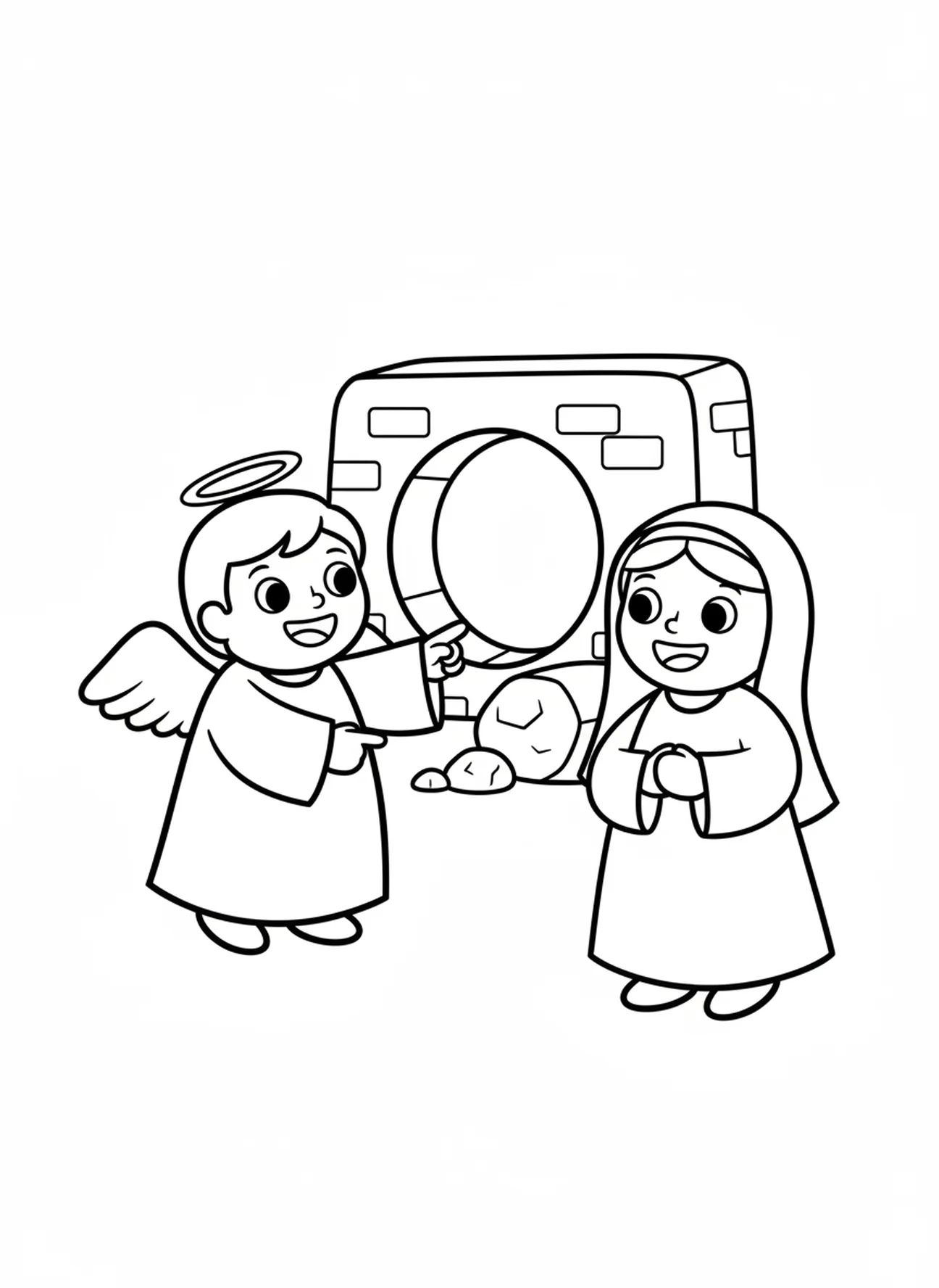 Lächelnder Engel spricht mit Maria, Ausmalbild vom leeren Grab für Vorschulkinder im Alter von 3-5 Jahren.