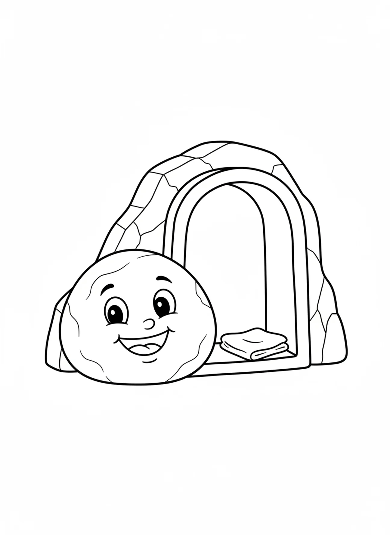 Fröhlicher weggerollter Stein, Ausmalbild vom leeren Grab für Vorschulkinder im Alter von 3-5 Jahren.