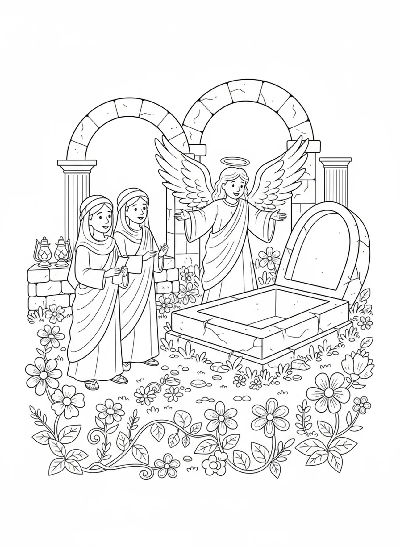 An angel, Empty Tomb coloring page for Sunday school children age 5-12.