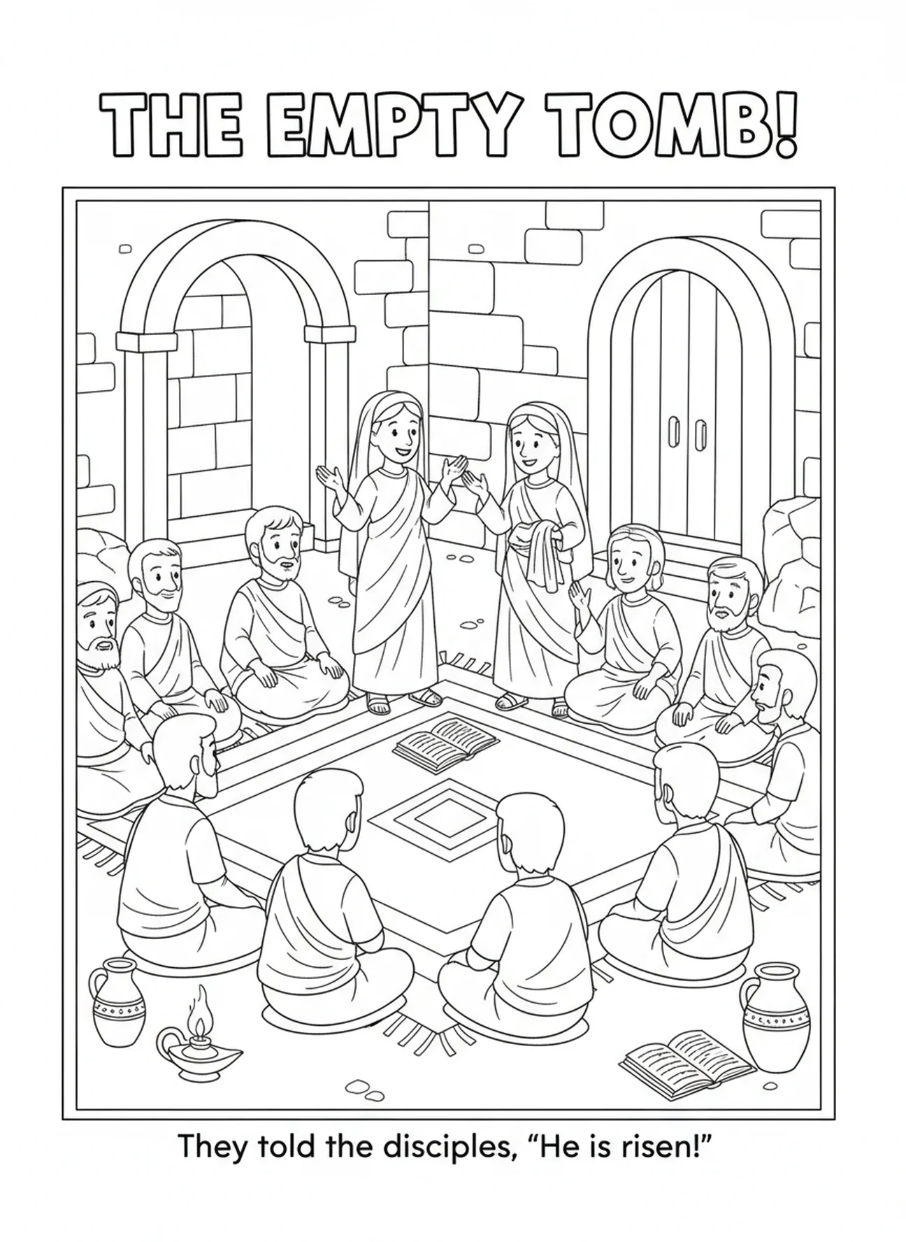 Disciples listening, Empty Tomb coloring page for Sunday school children age 5-12.