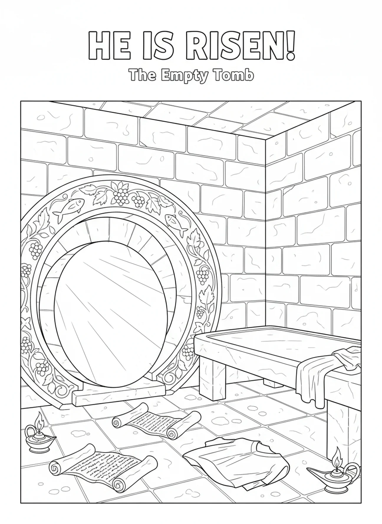 Empty tomb interior, Empty Tomb coloring page for Sunday school children age 5-12.