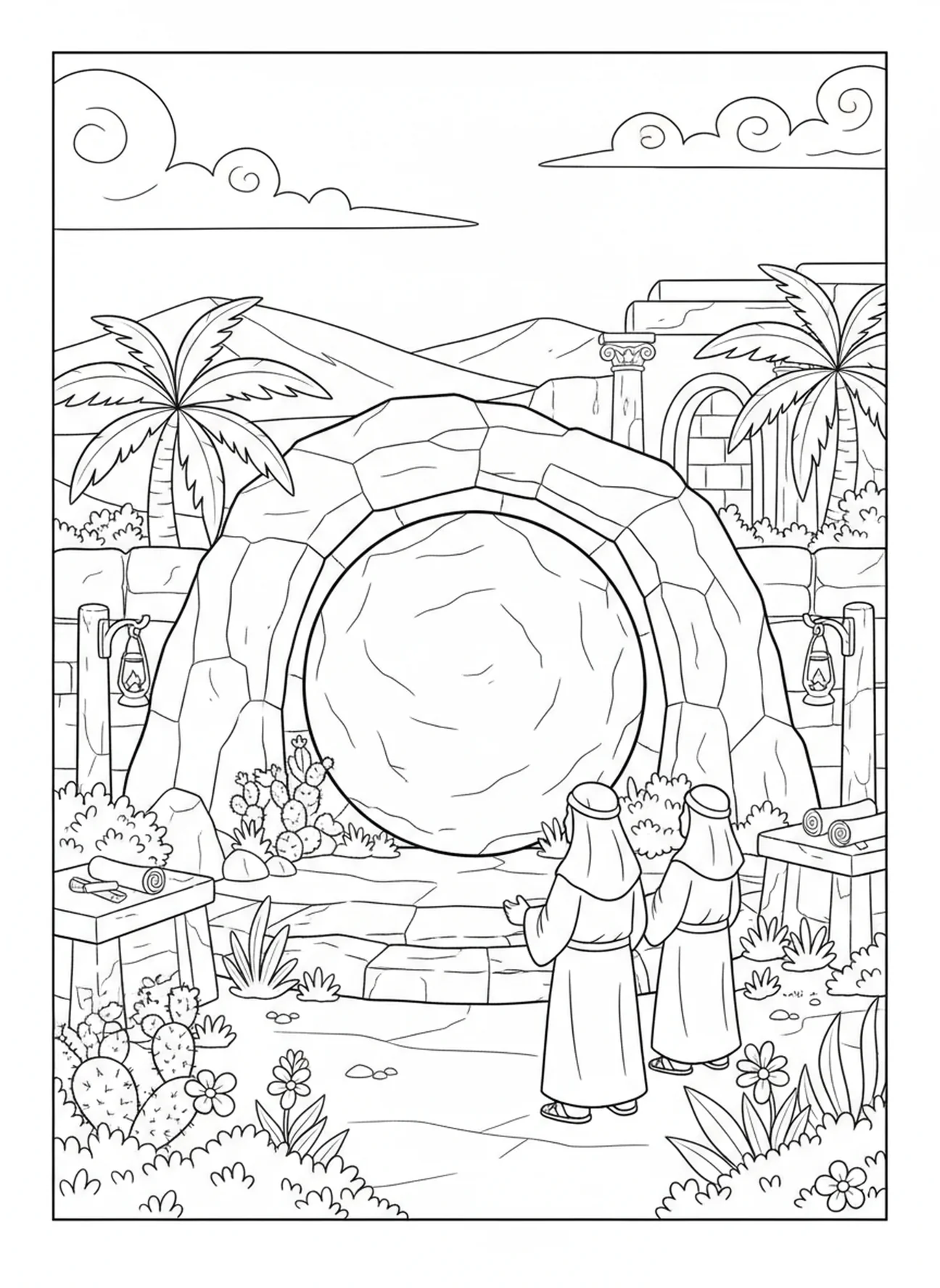 Tomb entrance closed, Empty Tomb coloring page for Sunday school children age 5-12.