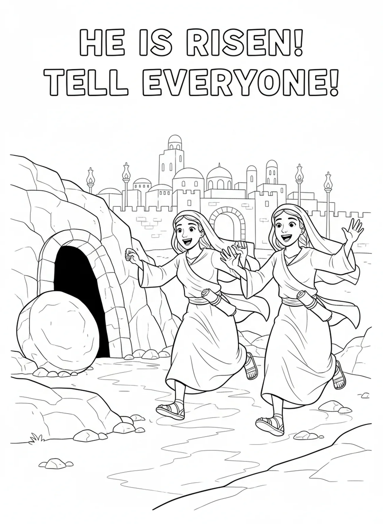 Two women running, Empty Tomb coloring page for Sunday school children age 5-12.