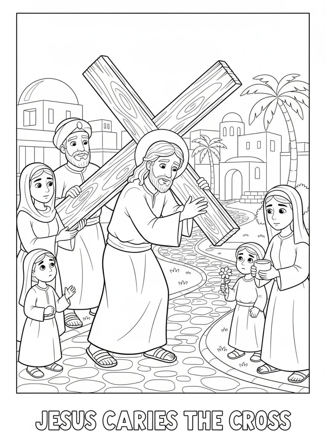 Jesus carrying the cross, Good Friday coloring page for kids age 5-10.