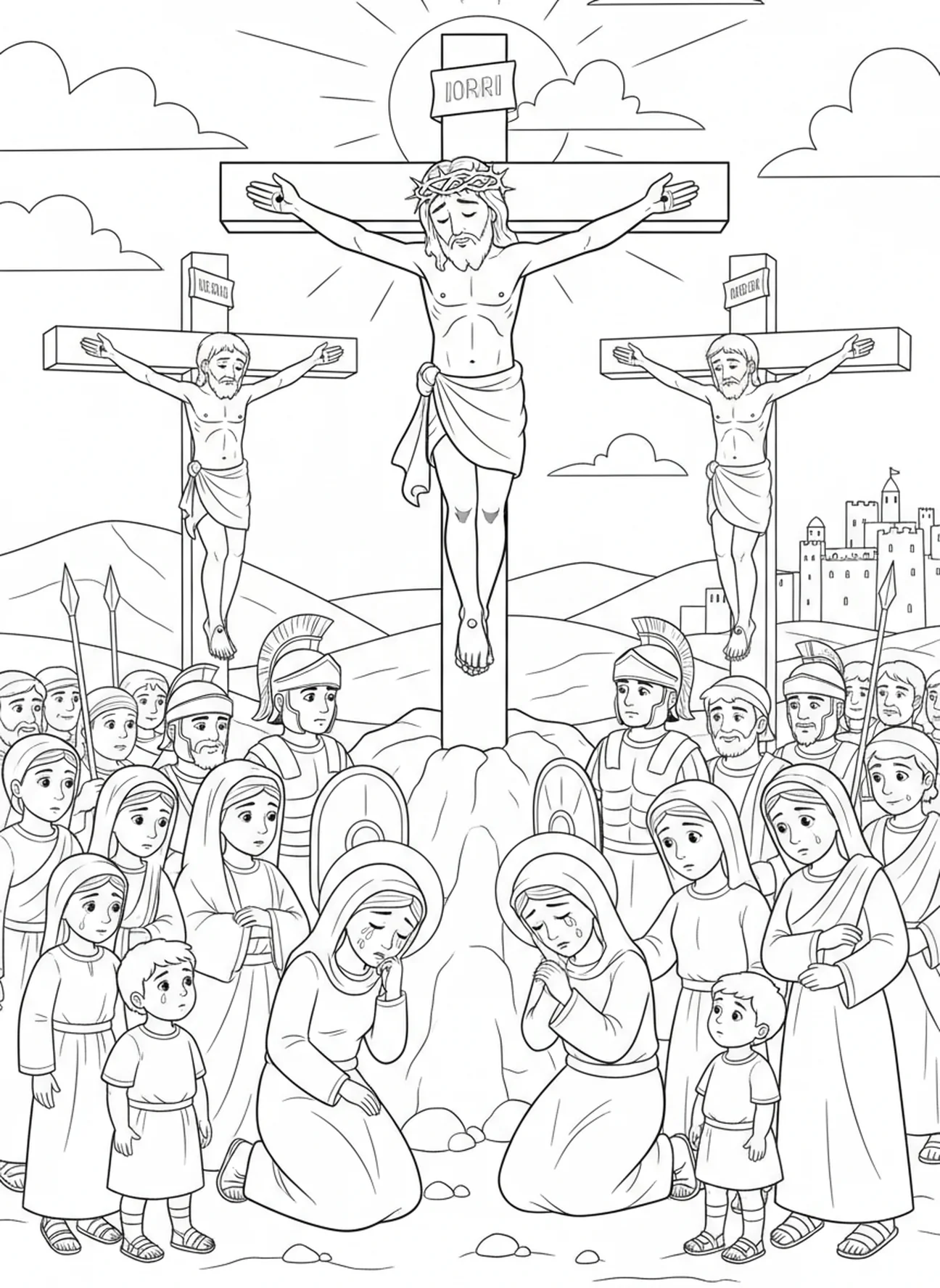 Jesus on the cross, Good Friday coloring page for kids age 5-10.