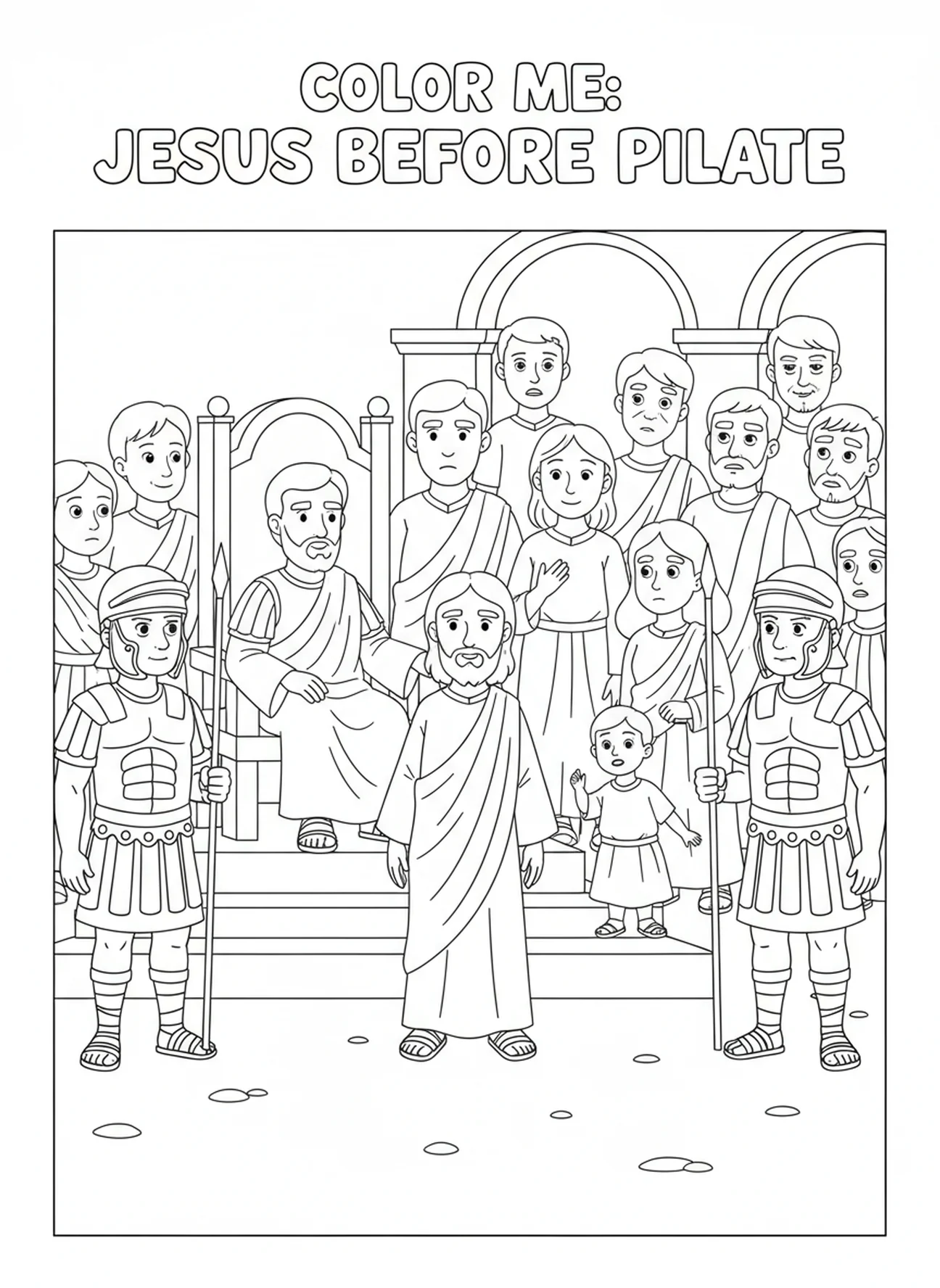 Jesus standing before Pilate, Good Friday coloring page for kids age 5-10.