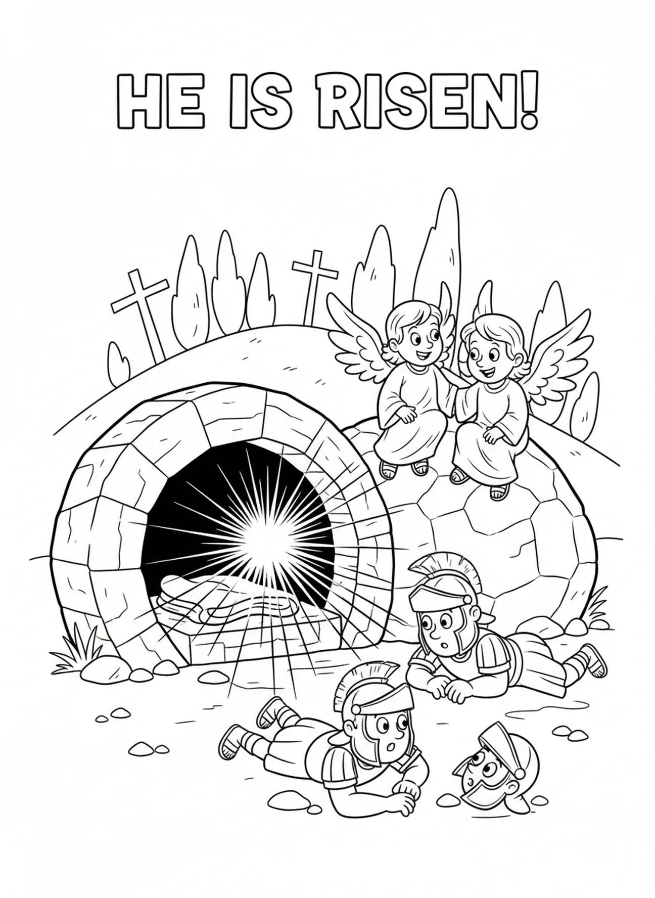 Rolled-away stone at the tomb entrance, Good Friday coloring page for kids age 5-10.