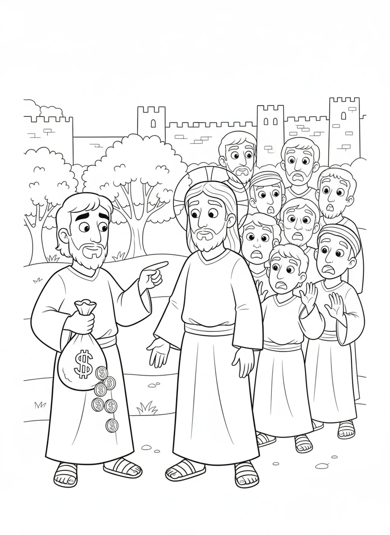Judas betraying Jesus with silver coins, Good Friday coloring page for kids age 5-10.