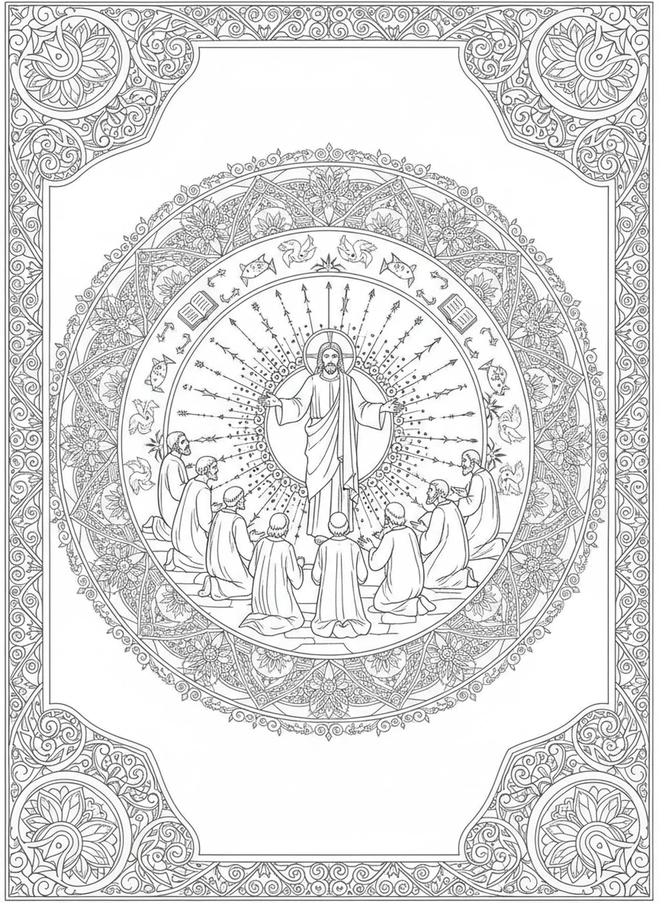 Jezus geeft de Grote Opdracht aan de discipelen, Hij is Opgestaan kleurplaat voor volwassenen in Bijbel journaling stijl.