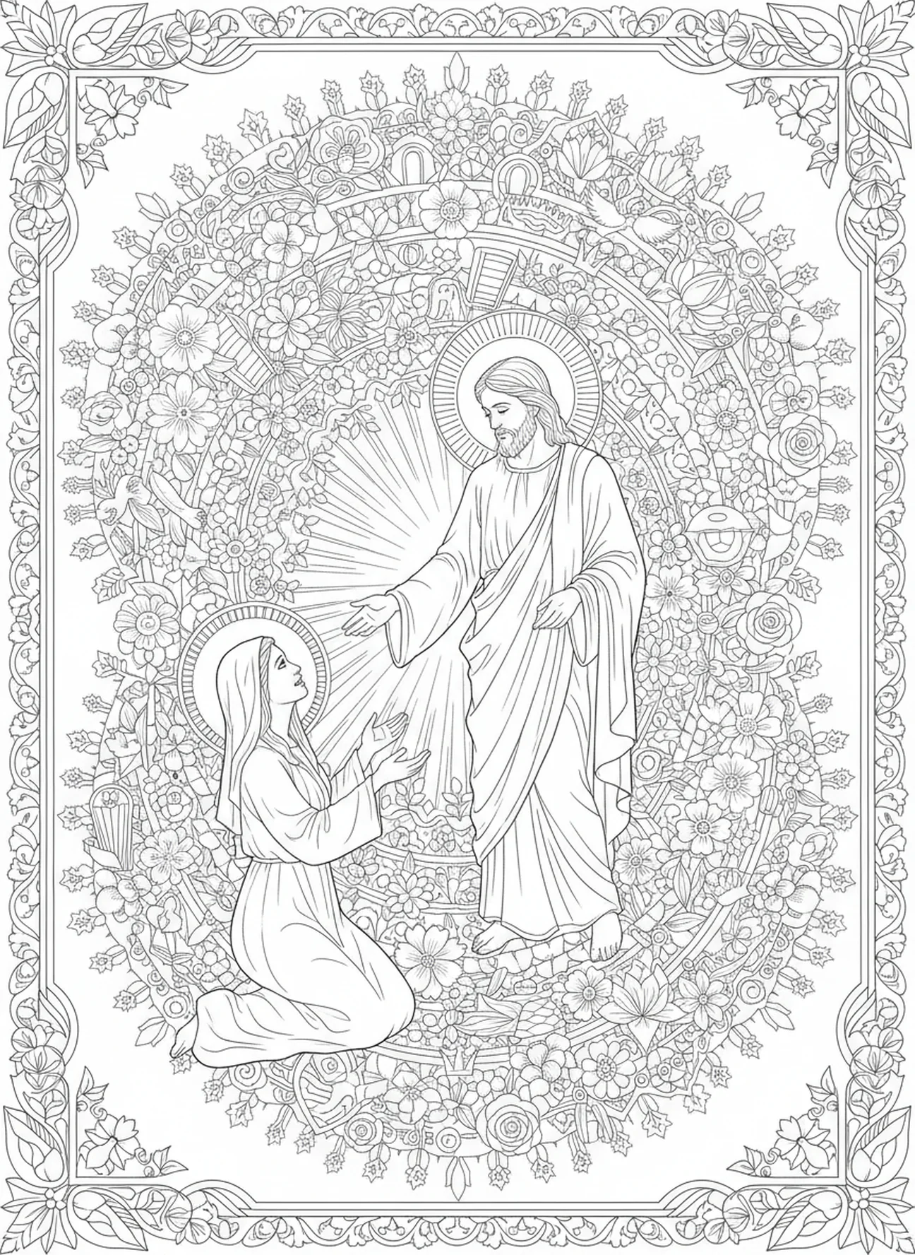 Opgestane Jezus verschijnt aan Maria, Hij is Opgestaan kleurplaat voor volwassenen in Bijbel journaling stijl.