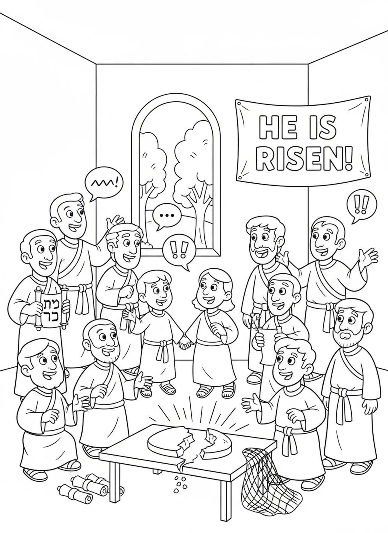 Discipelen verzameld in opgewonden discussie, Hij is opgestaan kleurplaat voor kinderen van 5-10 jaar