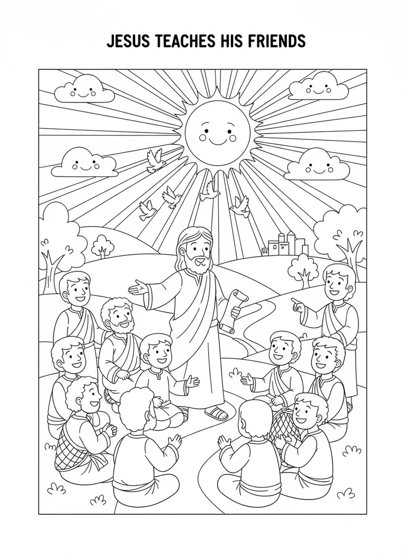 Jezus geeft instructies aan zijn discipelen op een heuvel, Hij is Opgestaan kleurplaat voor kinderen van 5-10 jaar
