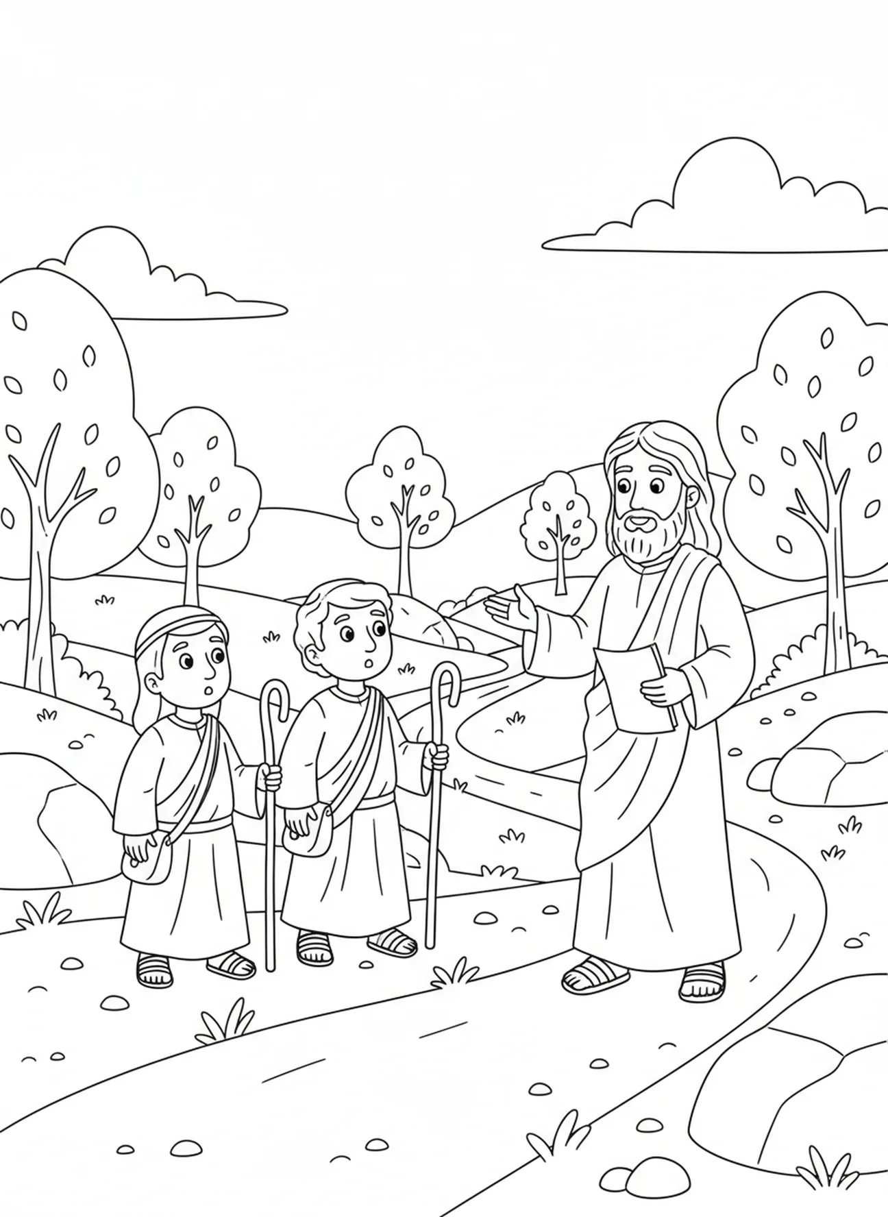 Twee discipelen ontmoeten Jezus op de weg, Hij is Opgestaan kleurplaat voor kinderen van 5-10 jaar