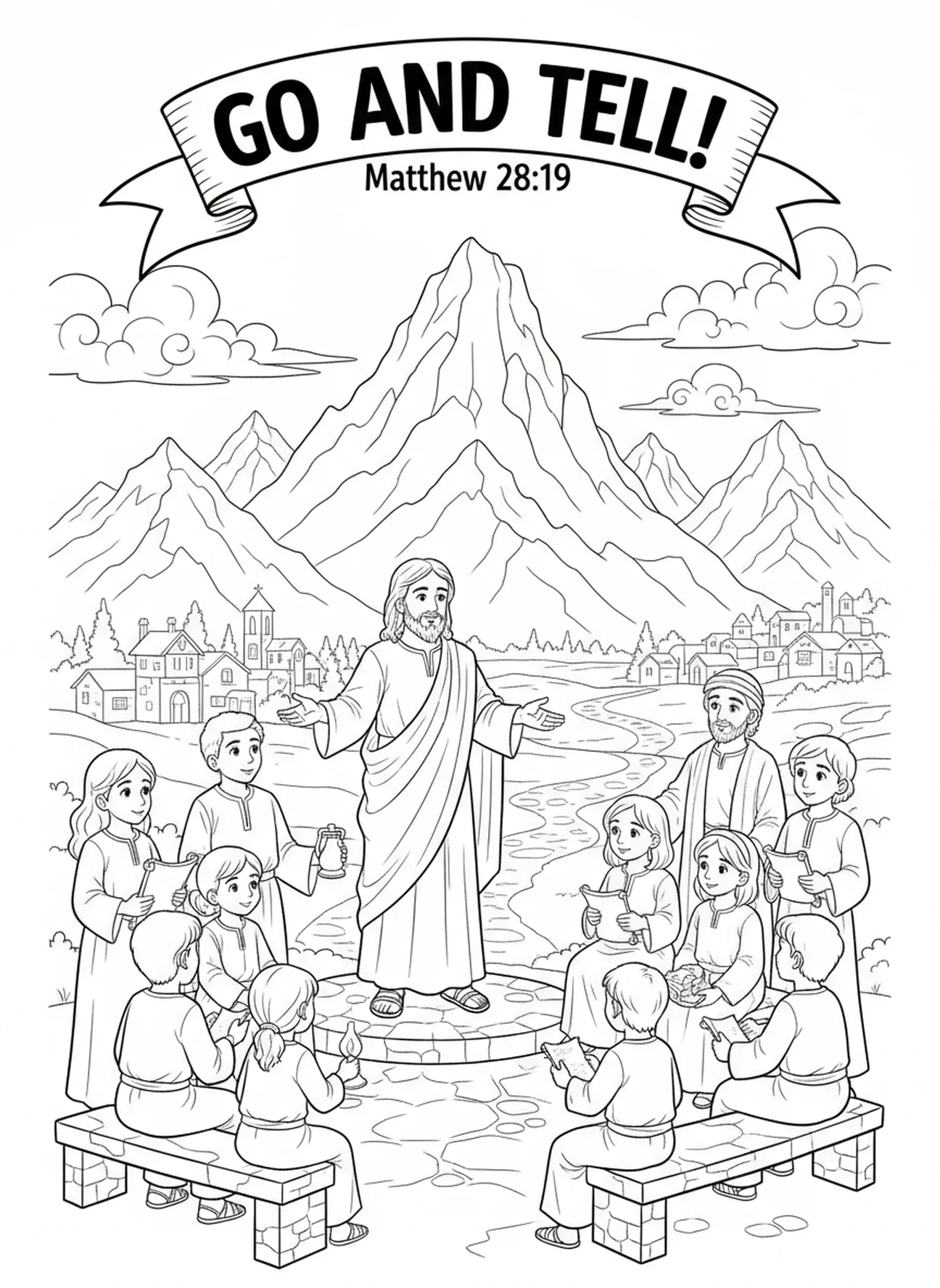 Jezus poucza uczniów, kolorowanka "On Zmartwychwstał" dla dzieci w katechezie w wieku 5-12 lat.