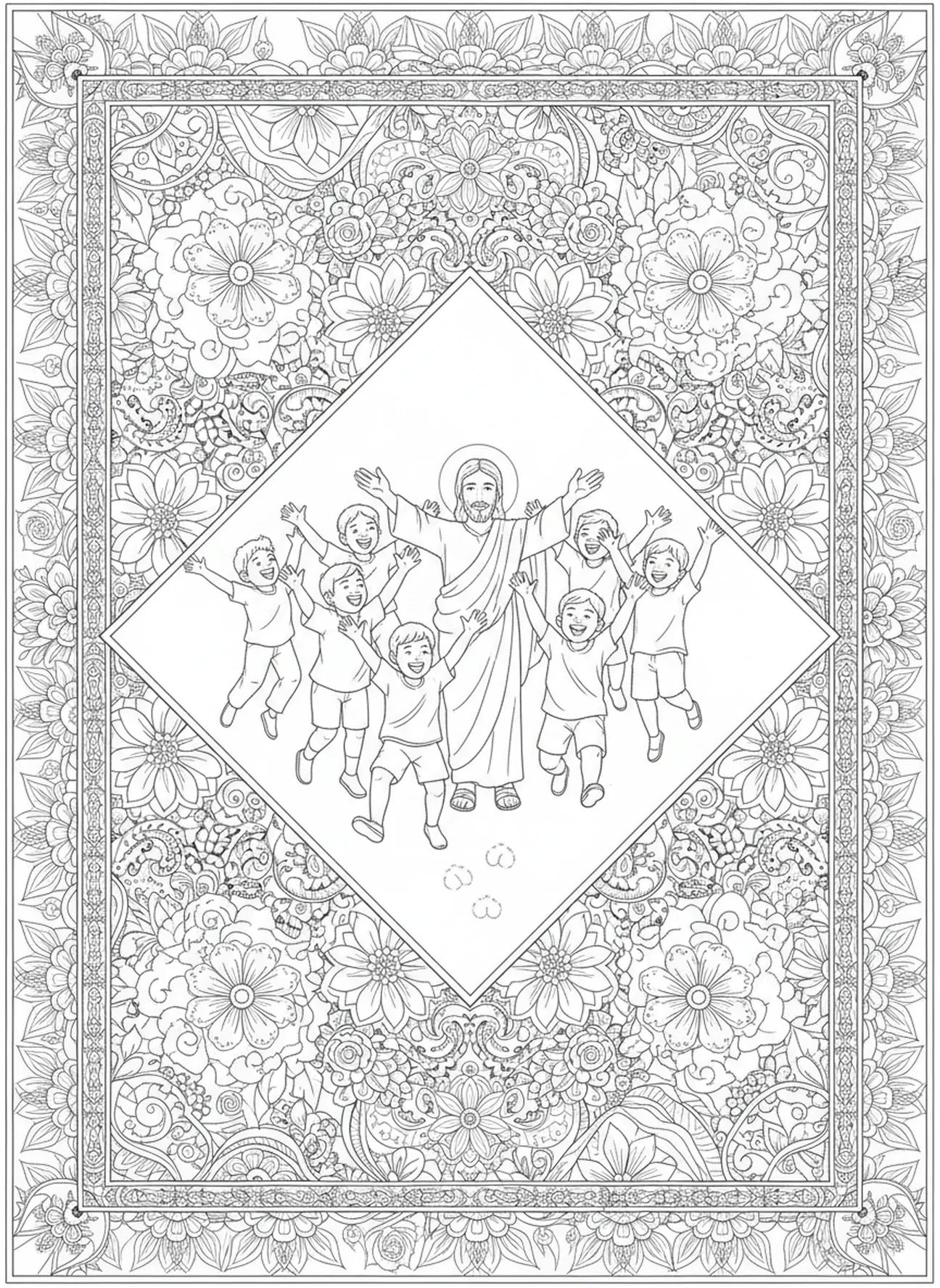 Children celebrating, Palm Sunday coloring page for adults Bible journaling style