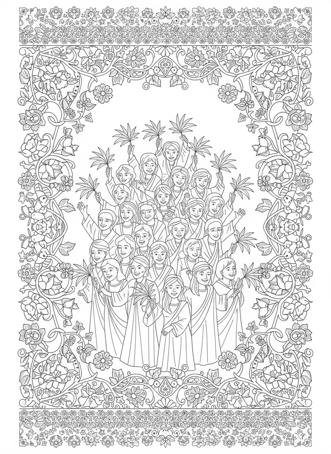 Crowd waving palms, Palm Sunday coloring page for adults Bible journaling style