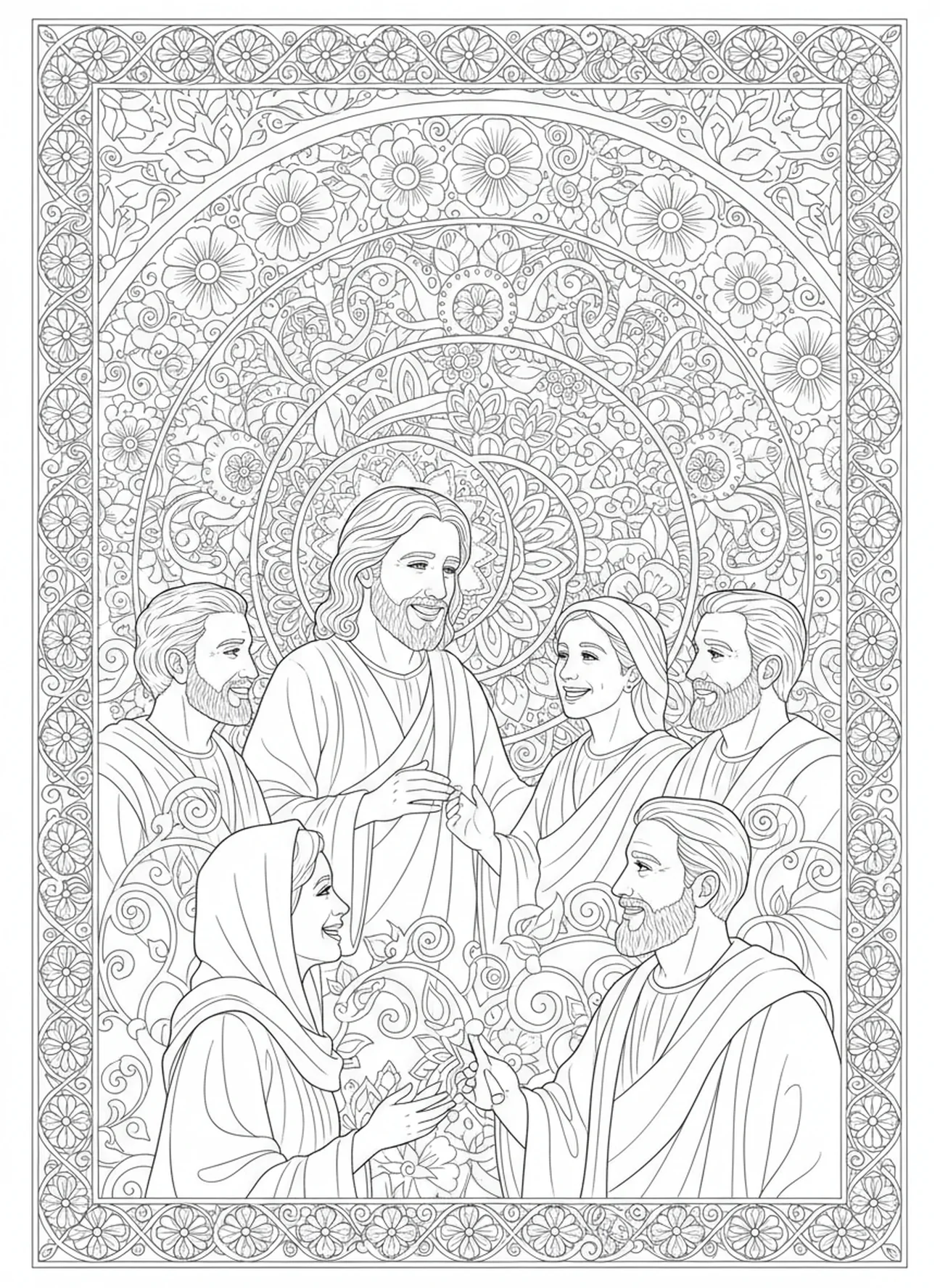 Jesus with disciples, Palm Sunday coloring page for adults Bible journaling style