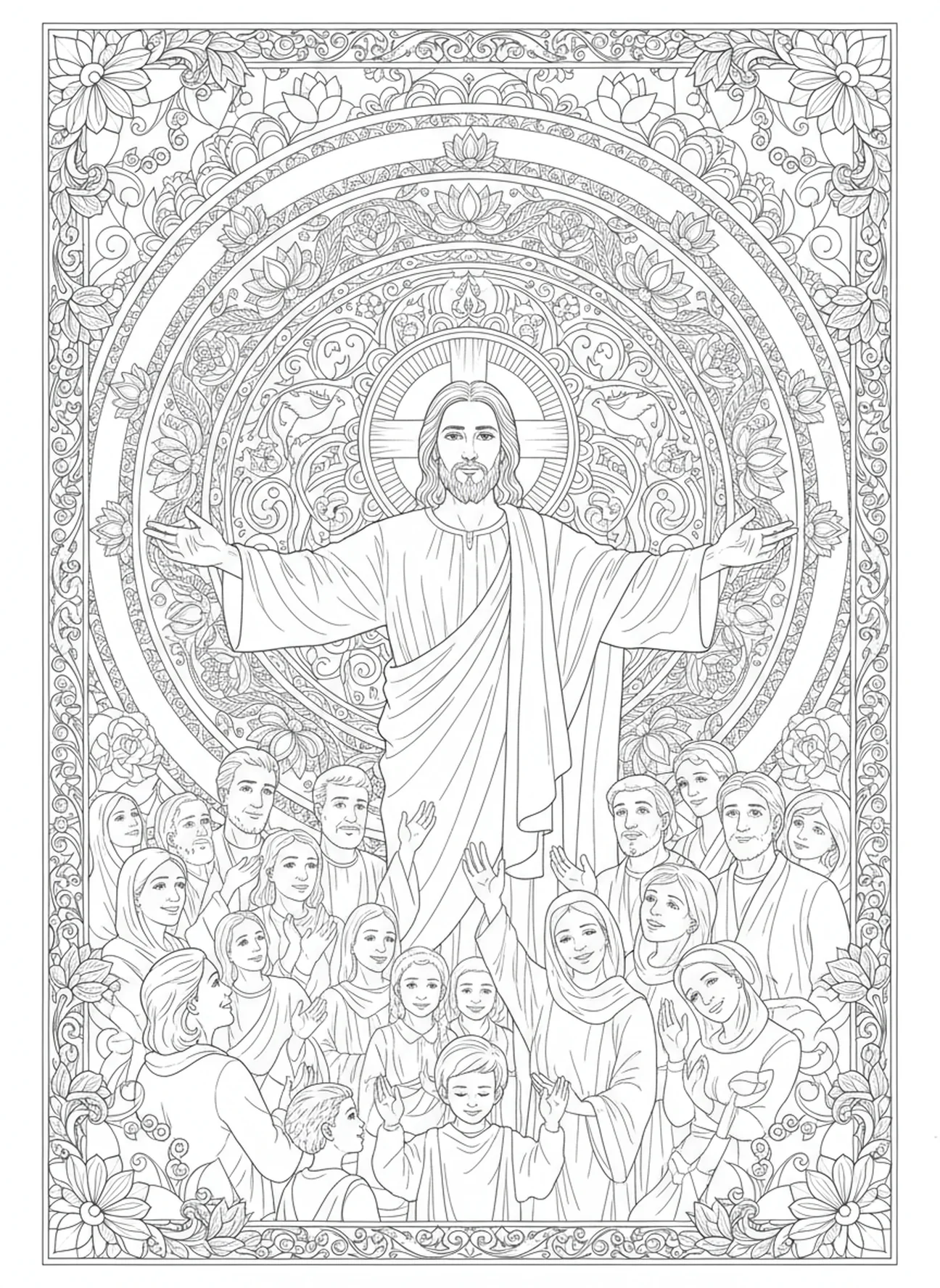 Jesus blessing crowd, Palm Sunday coloring page for adults Bible journaling style