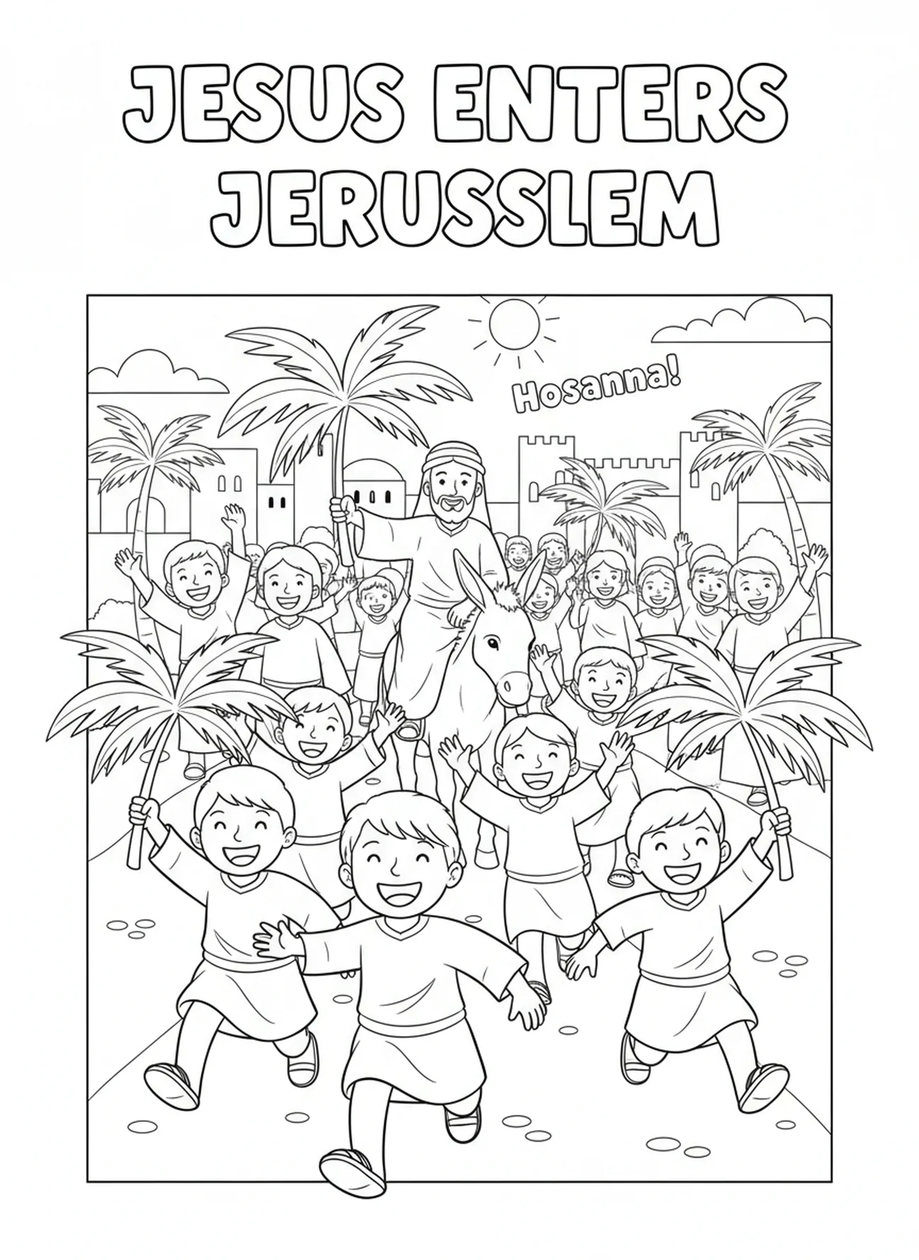 Children joining the procession, Palm Sunday coloring page for kids age 5-10