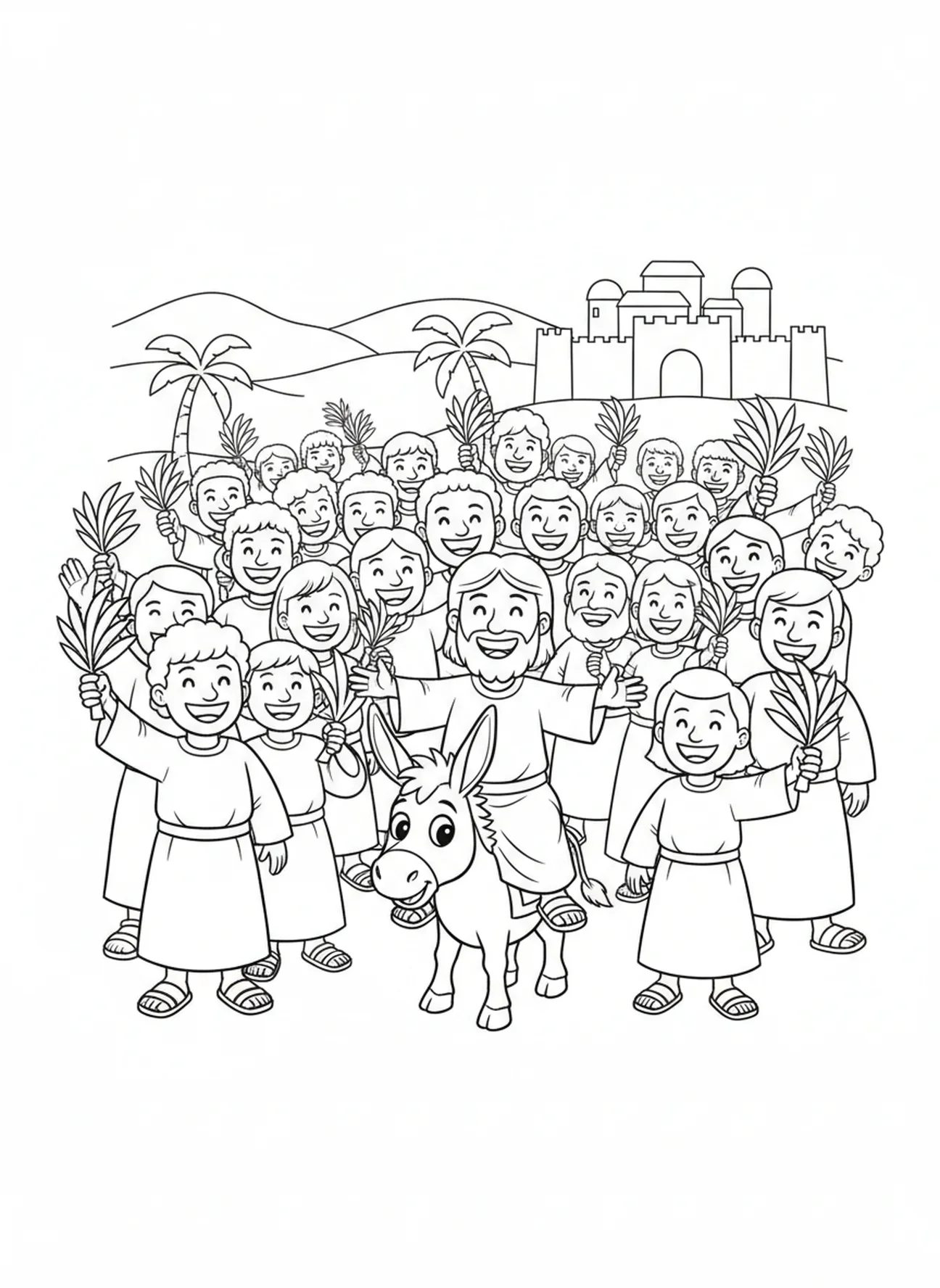 Crowd waving palm branches, Palm Sunday coloring page for kids age 5-10