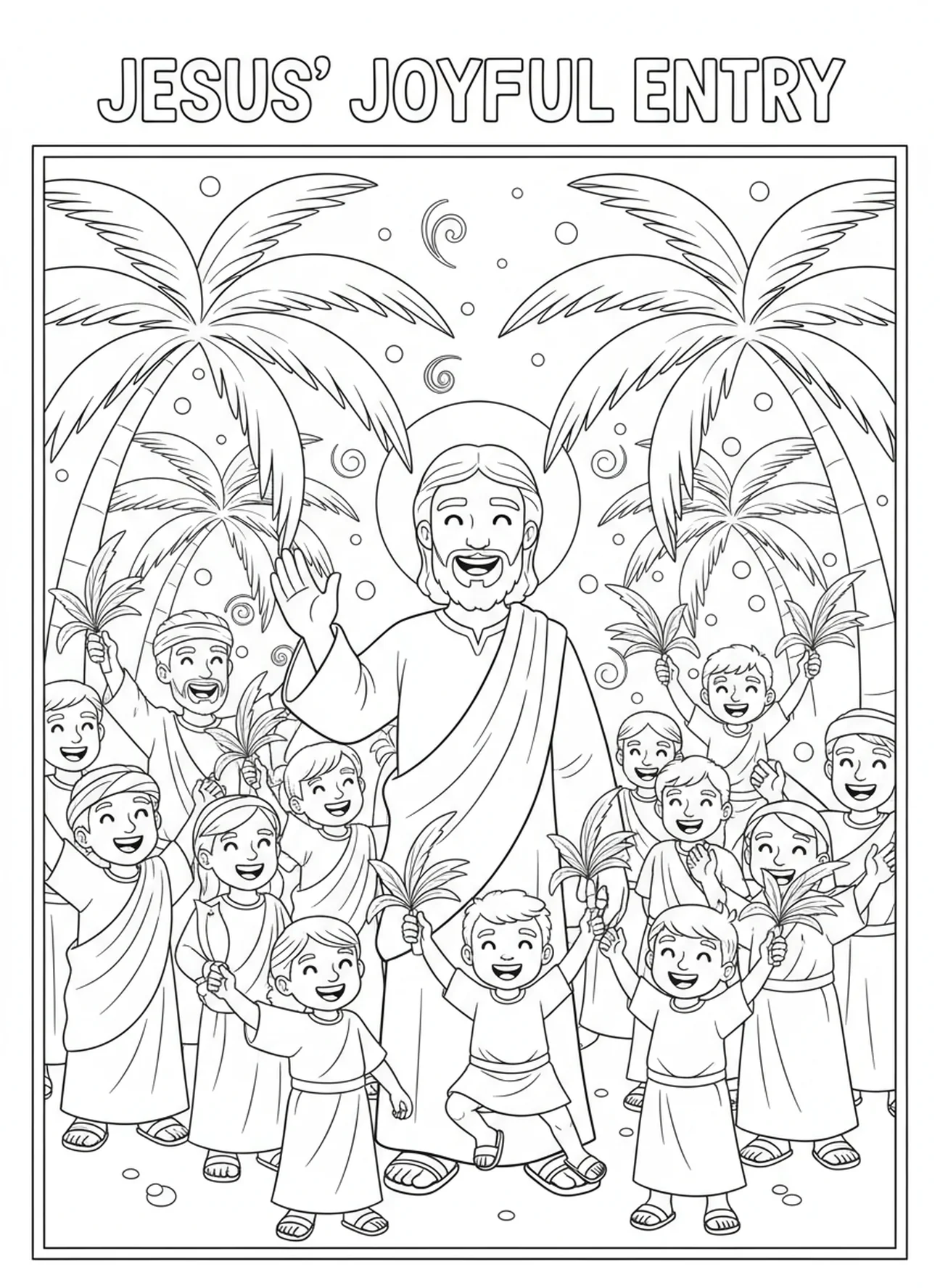Jesus surrounded by palm branches, Palm Sunday coloring page for kids age 5-10