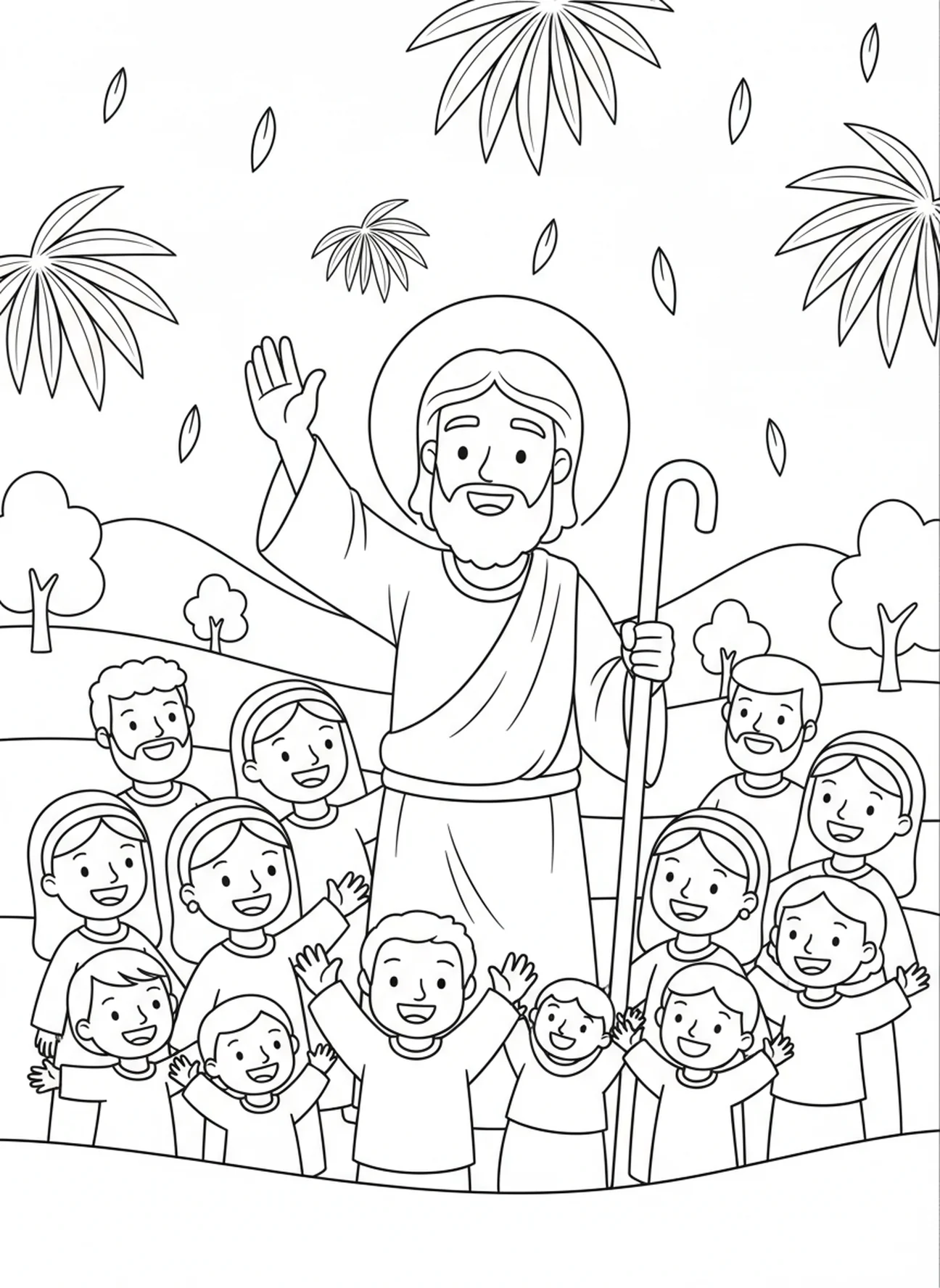 Jesus blessing the crowd, Palm Sunday coloring page for kids age 5-10