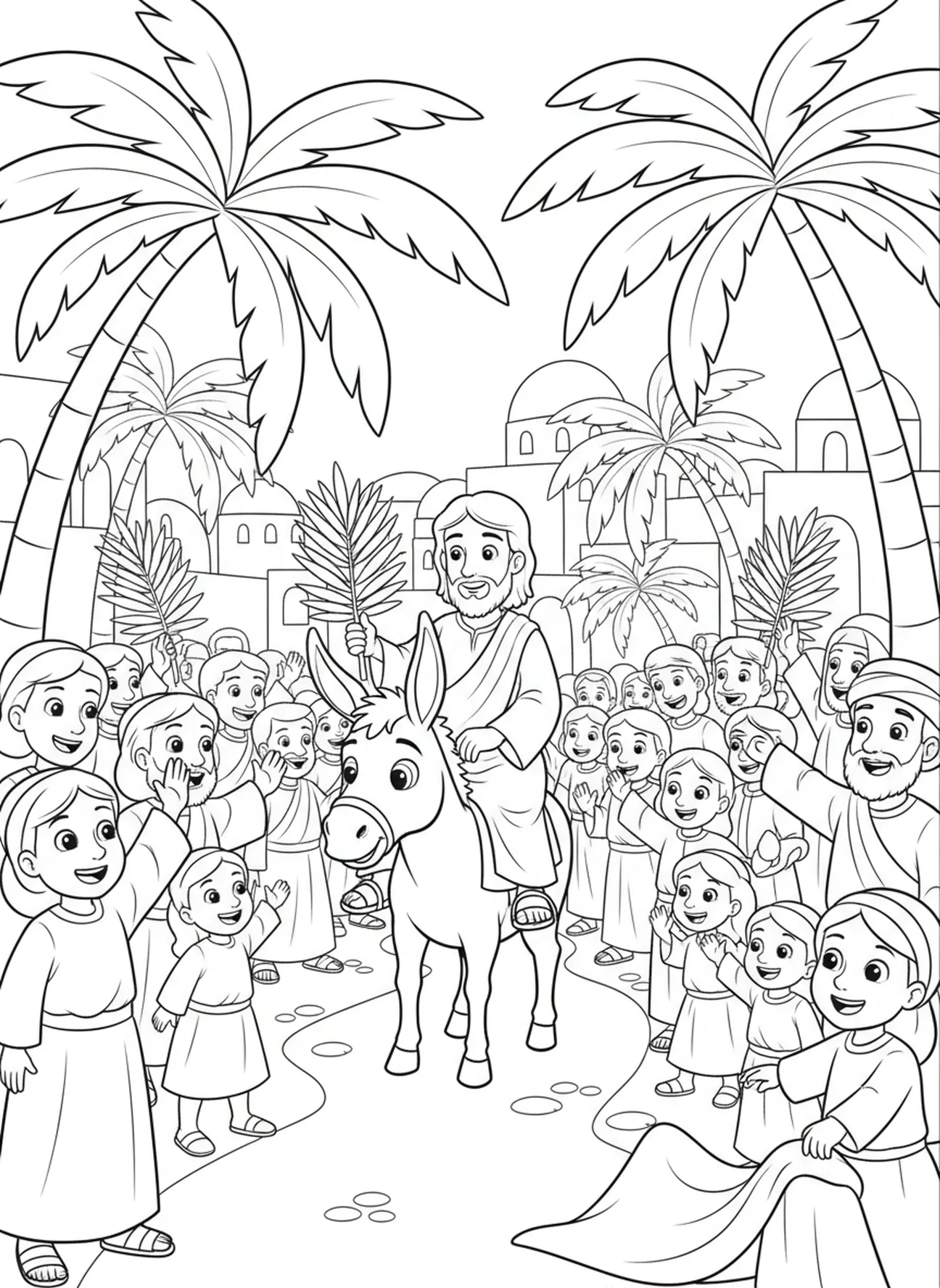 Jesus entering Jerusalem, Palm Sunday coloring page for kids age 5-10
