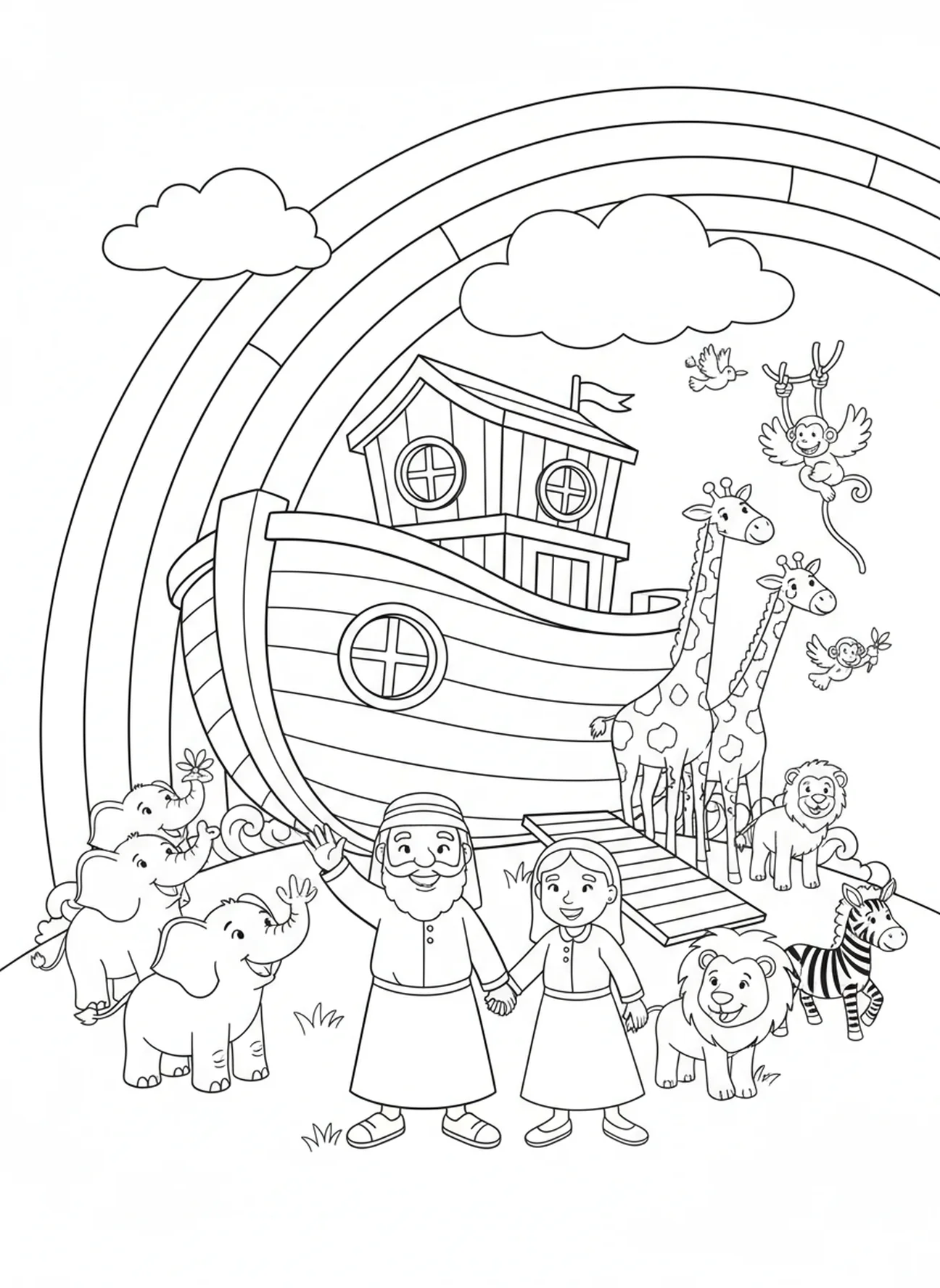 Arc-en-ciel au-dessus de l'arche, page à colorier sur la foi pour les enfants de 5 à 10 ans