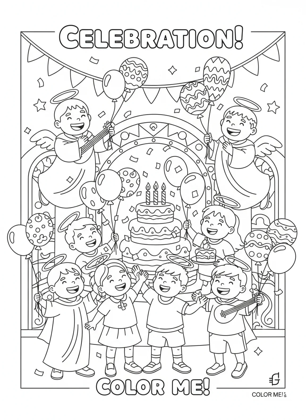 Children celebrating, All Saints Day coloring page for kids age 5-10
