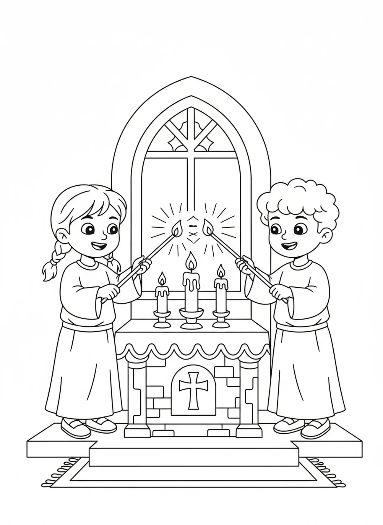 Children lighting candles, All Saints Day coloring page for kids age 5-10