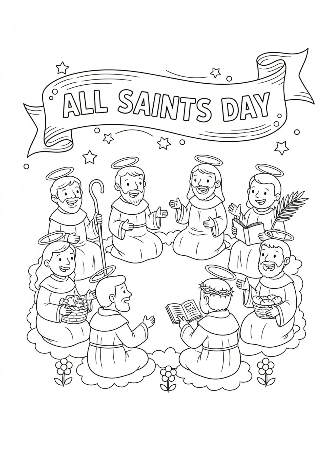 Gathering of saints, All Saints Day coloring page for kids age 5-10