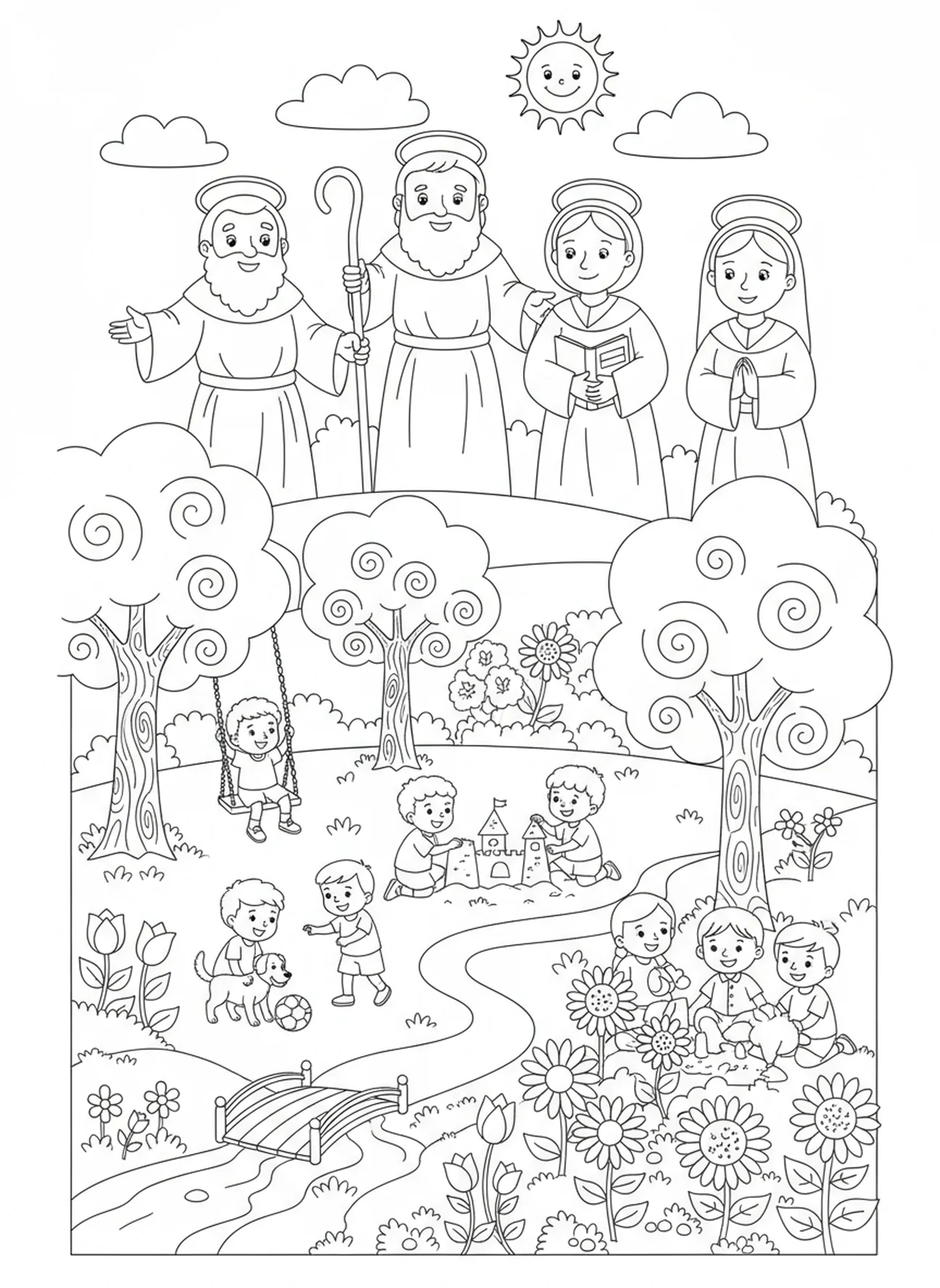 Saints watching over children, All Saints Day coloring page for kids age 5-10