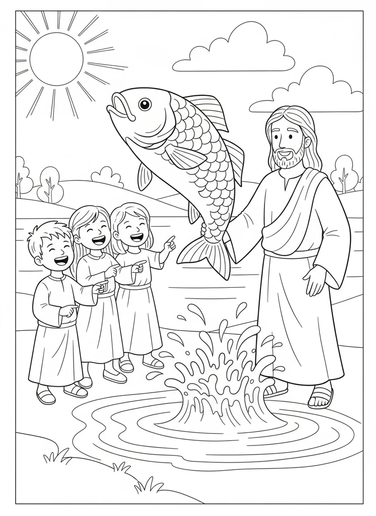 Gran pez saltando fuera del agua, página para colorear del pez Ichthys para niños de 5 a 10 años