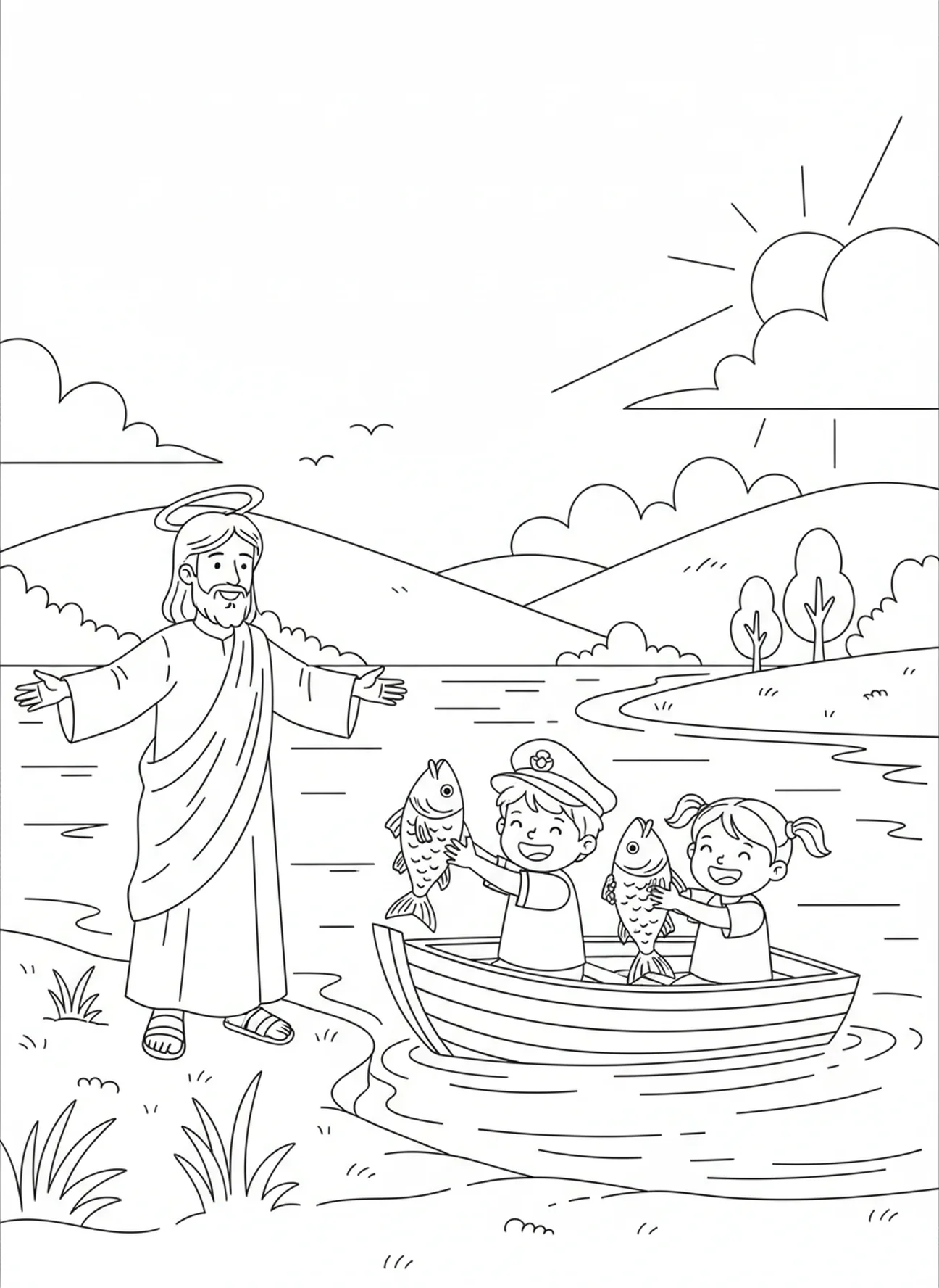 Niños pescando desde un bote, página para colorear del pez Ichthys para niños de 5 a 10 años