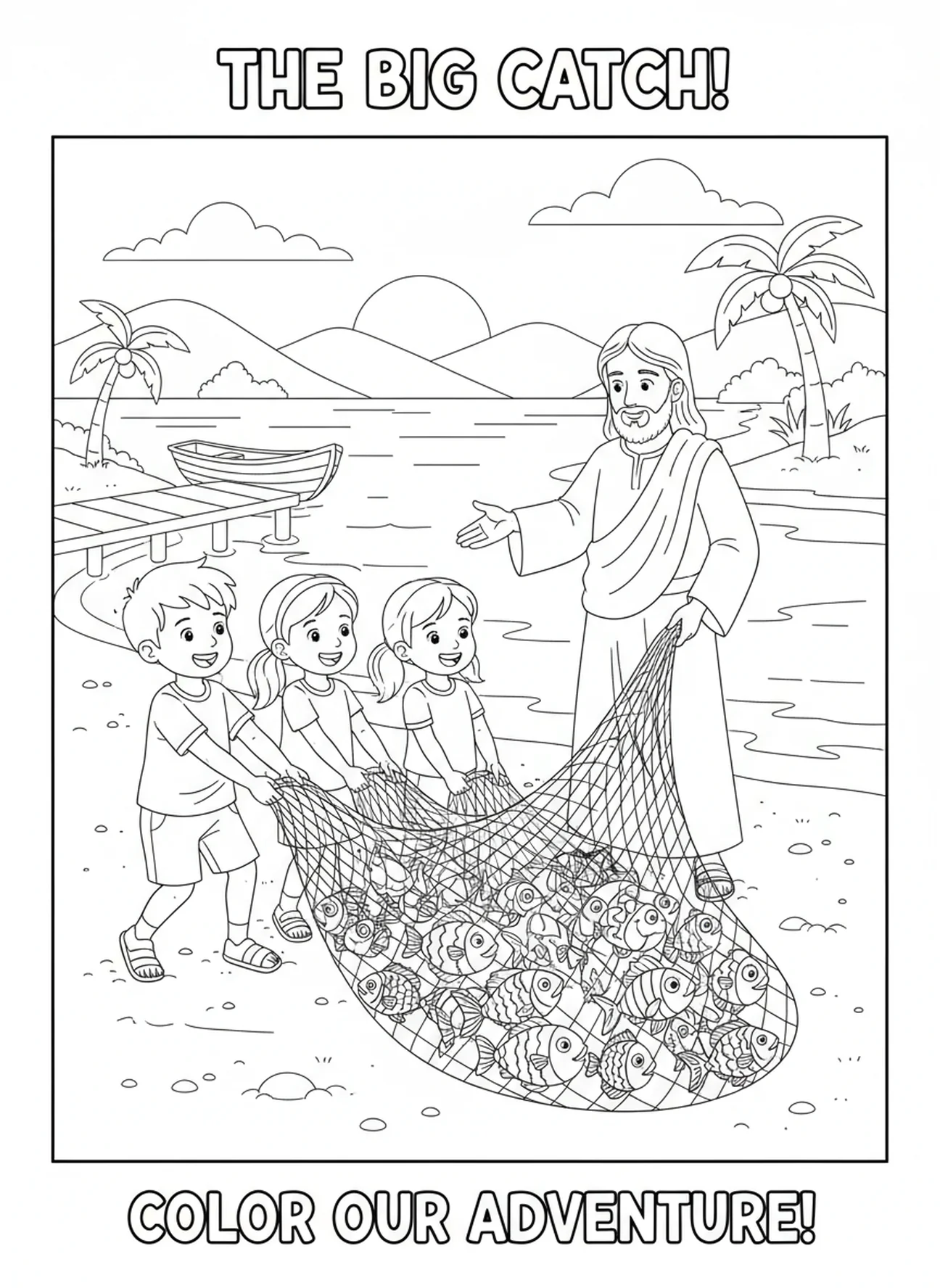 Niños sacando una red llena de peces, página para colorear de Ichthys para niños de 5 a 10 años
