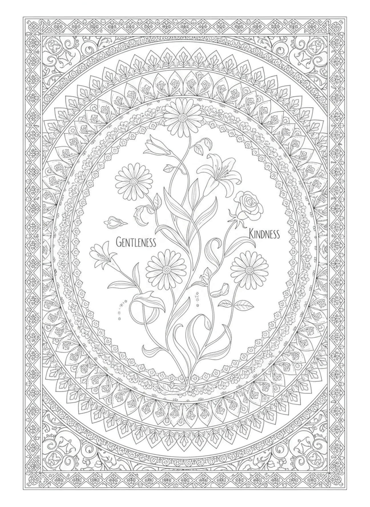 Zarte Blumen, Früchte des Geistes – Ausmalbild für Erwachsene im Stil des Bibeljournaling