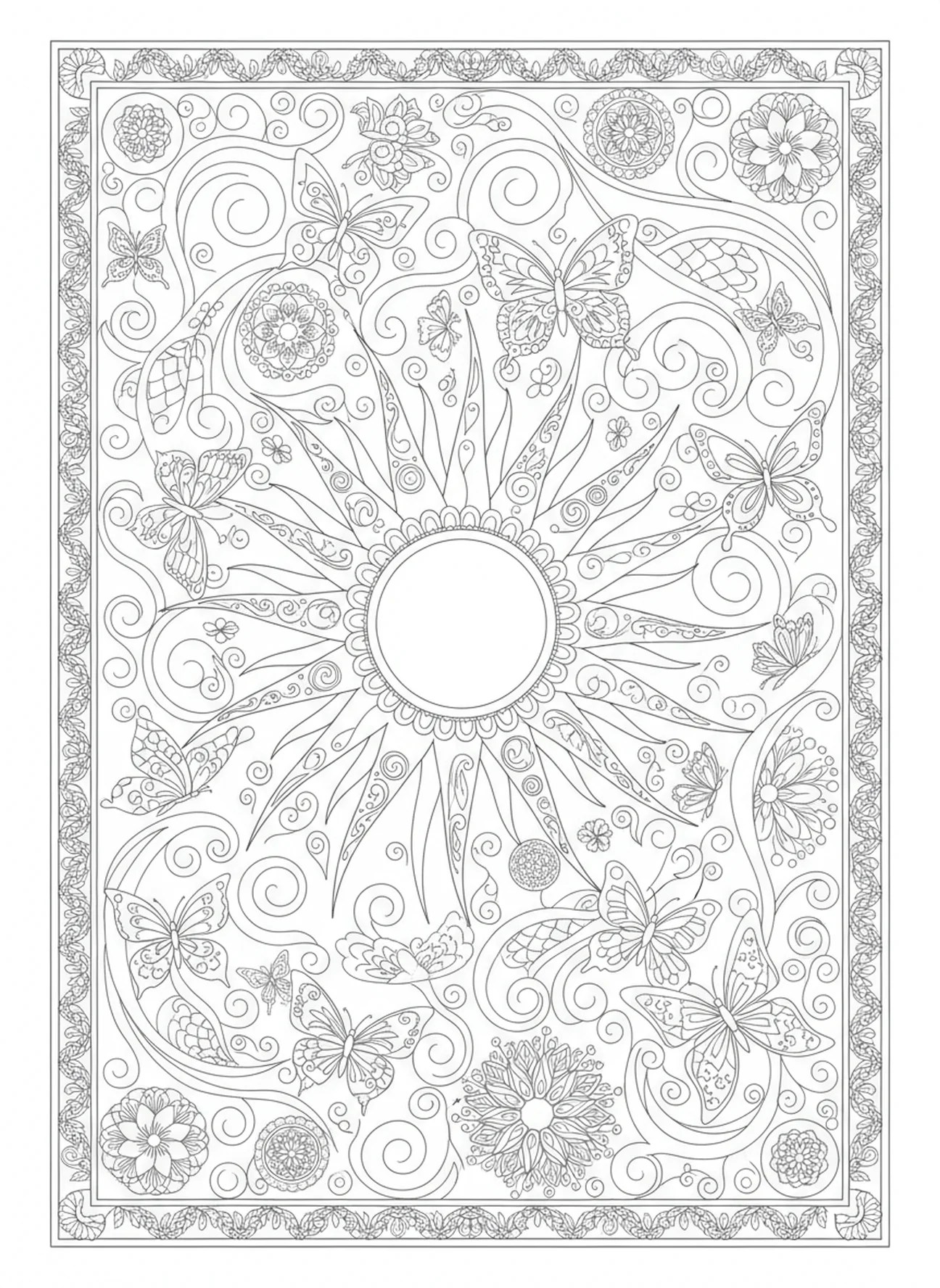Strahlende Sonne, Früchte des Geistes Ausmalbild für Erwachsene im Bibel-Journaling-Stil