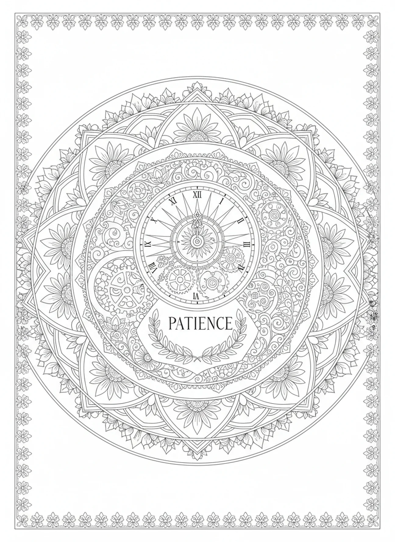 Aufwendige Uhr, Früchte des Geistes Ausmalbild für Erwachsene im Stil des Bibel-Journaling