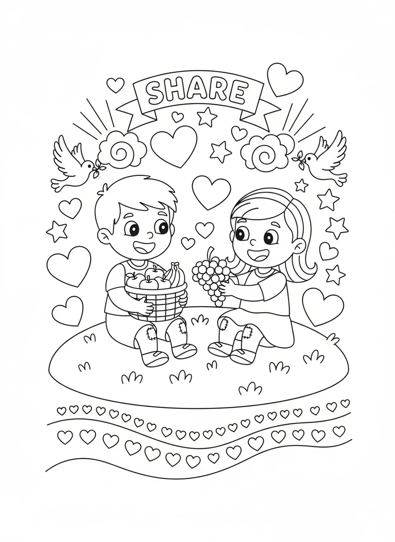 Two children sharing fruits, Fruits Of Spirit All coloring page for kids age 5-10