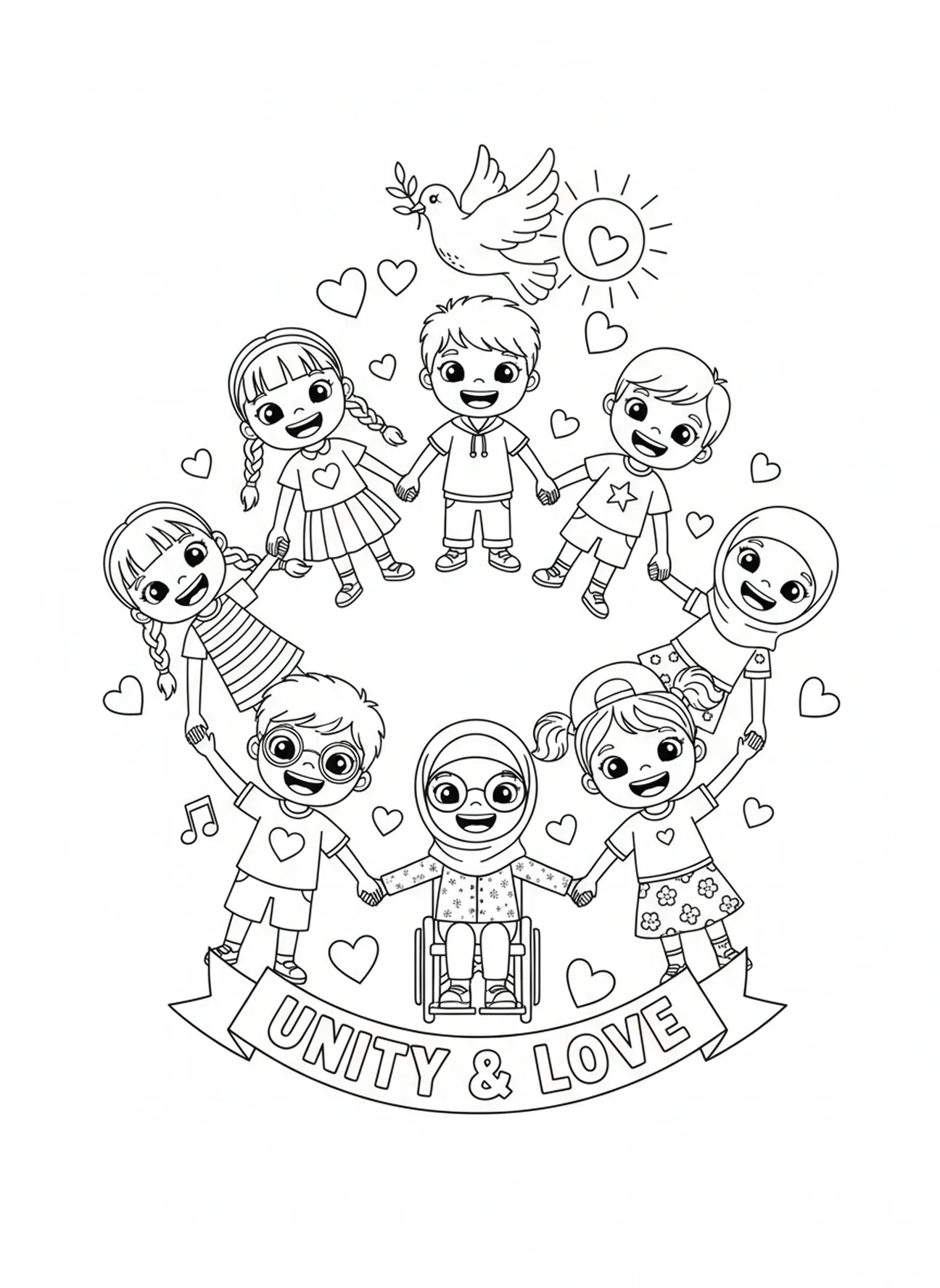 Children holding hands in a circle, Fruits Of Spirit All coloring page for kids age 5-10