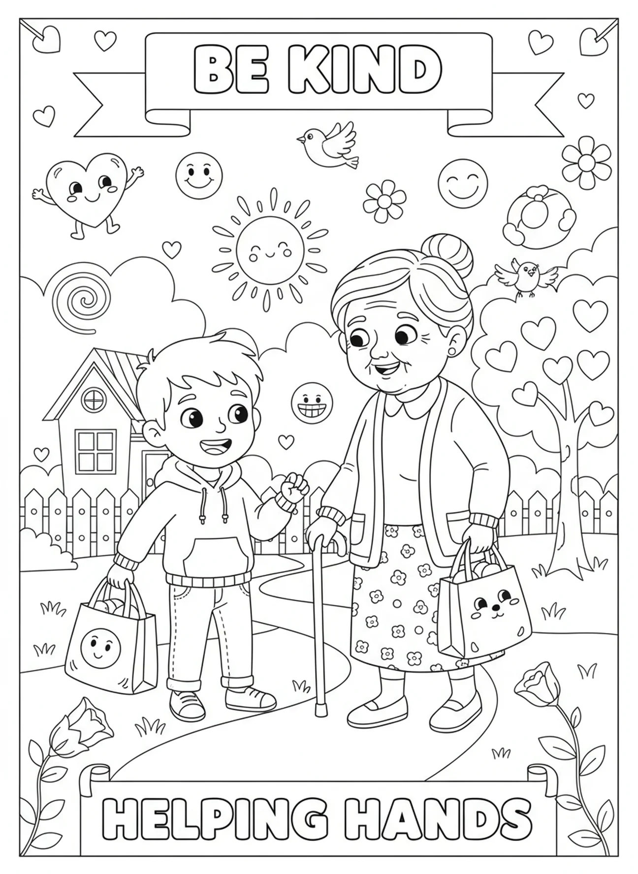 Child helping elderly person, Fruits Of Spirit All coloring page for kids age 5-10