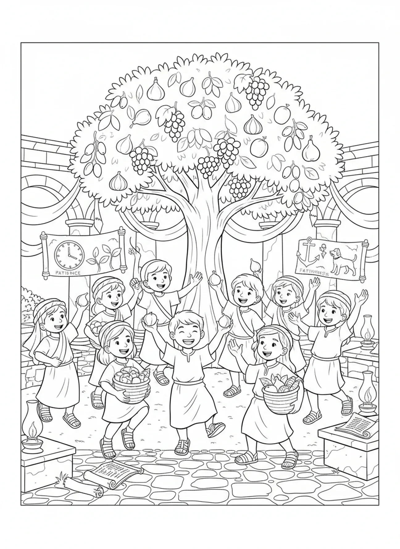 Children celebrating under the fruit tree, Fruits Of Spirit All coloring page for Sunday school children age 5-12.