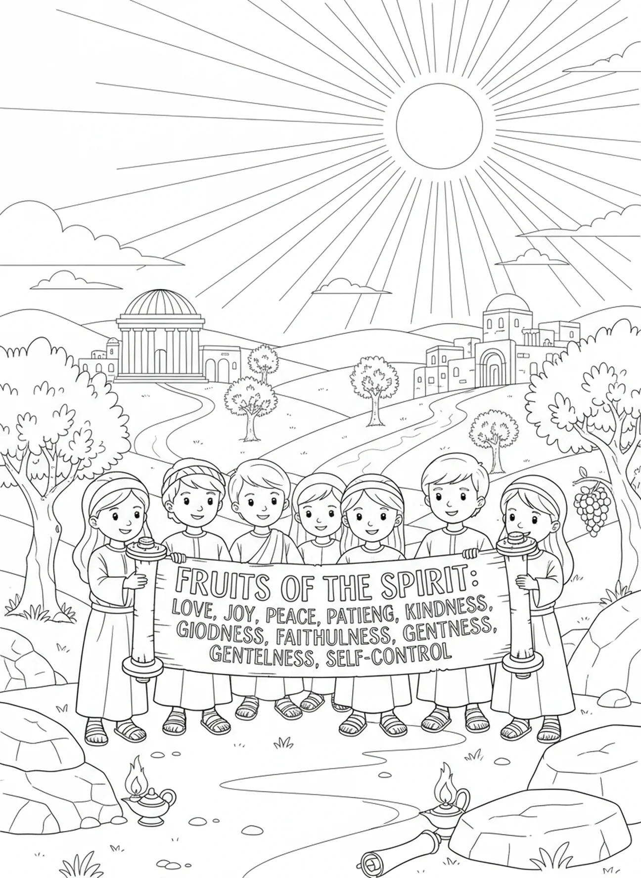 Children holding a banner of the Fruits of the Spirit, Fruits Of Spirit All coloring page for Sunday school children age 5-12.