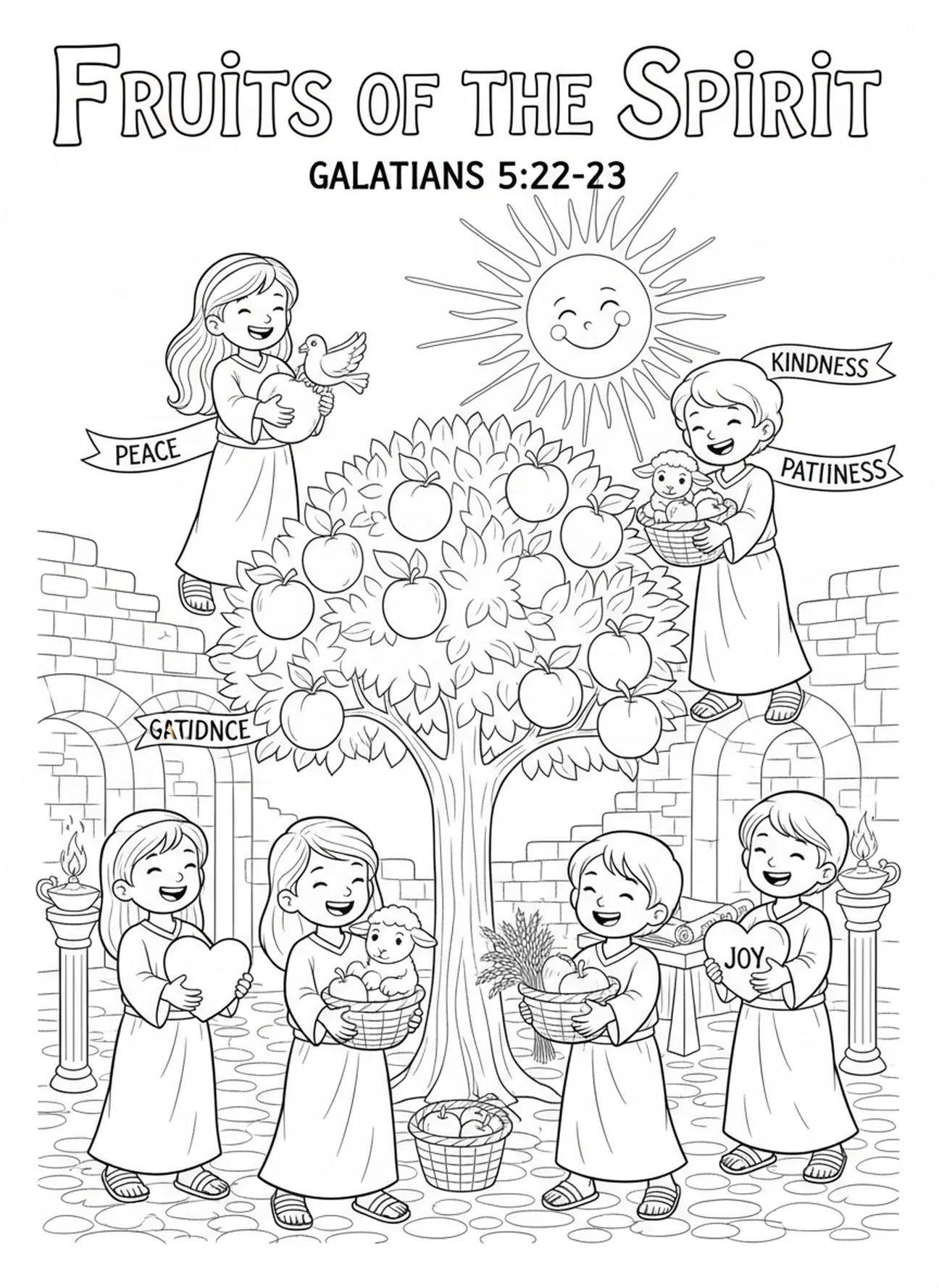 Children gathering ripe fruits, Fruits Of Spirit All coloring page for Sunday school children age 5-12.